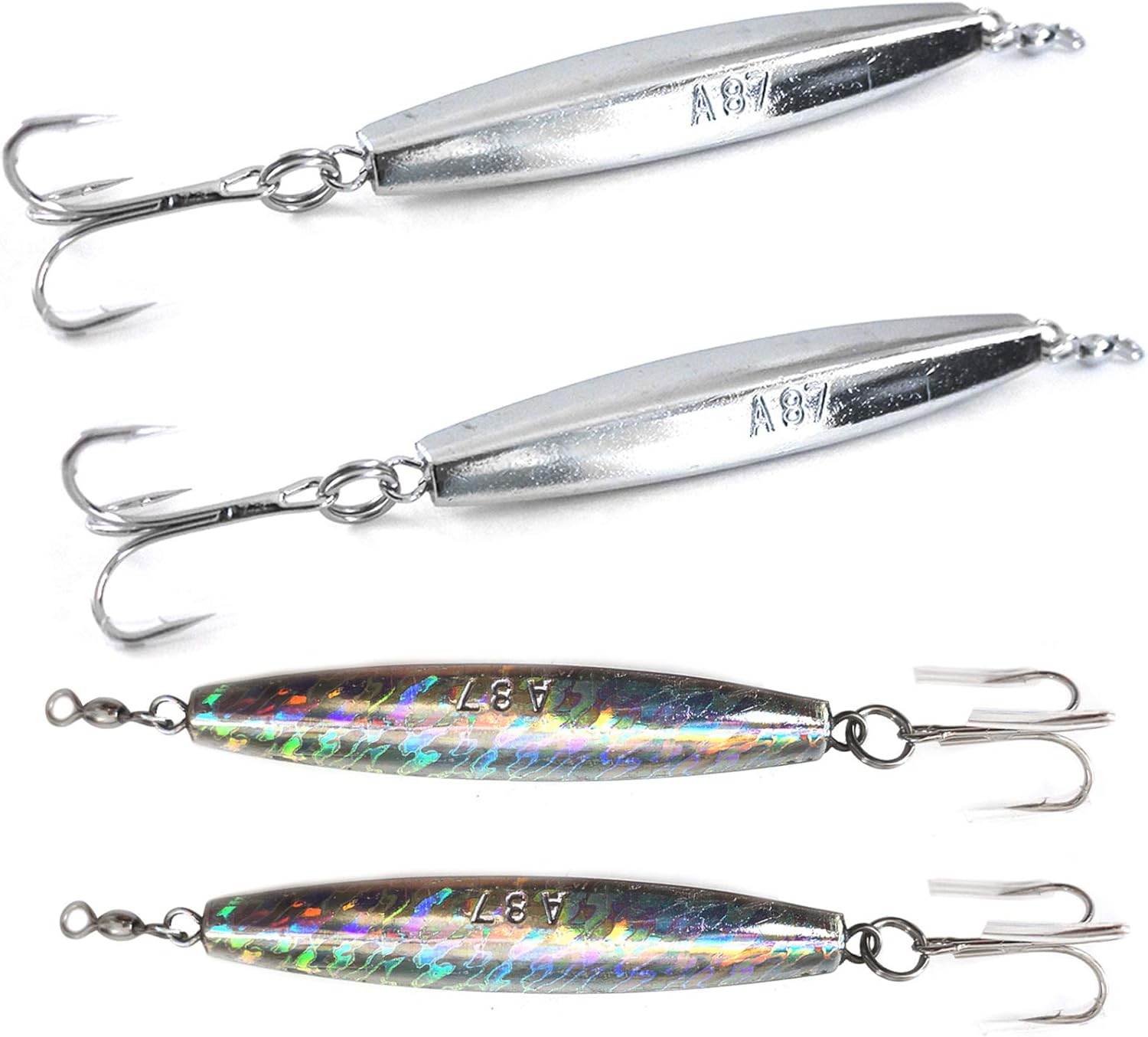 4pcs Fish WOW!® 8oz Diamond Jigs Chrome Silver jig + Mylar Holographic Laser jigs with a Treble Hook, Saltwater, Nickel Finish