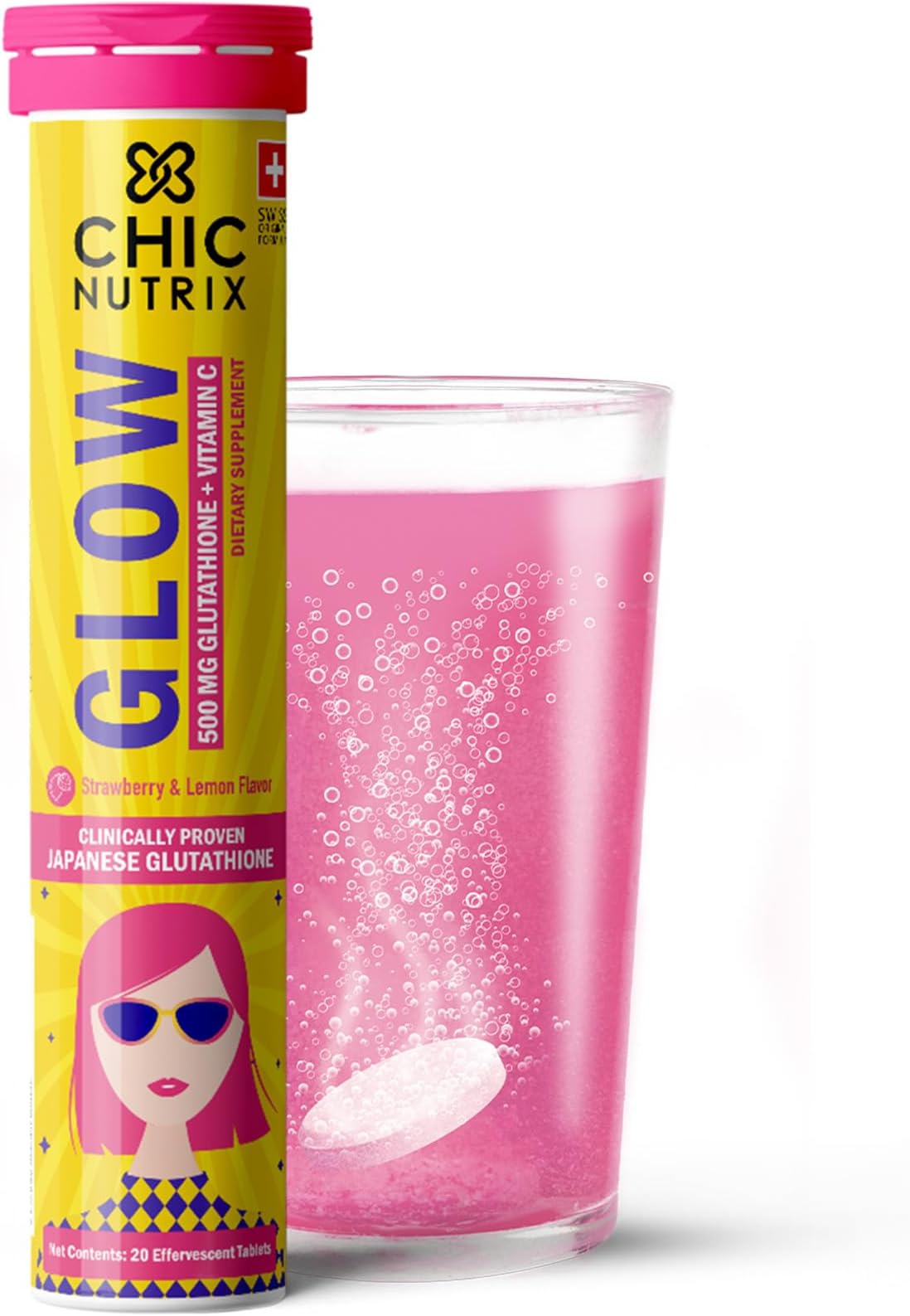 Glow - Reduced Glutathione 500mg (OPITAC™) & Vitamin C for antioxidant support and detoxification, non-GMO & Vegan - 20 tablets (Strawberry – Lemon flavour)
