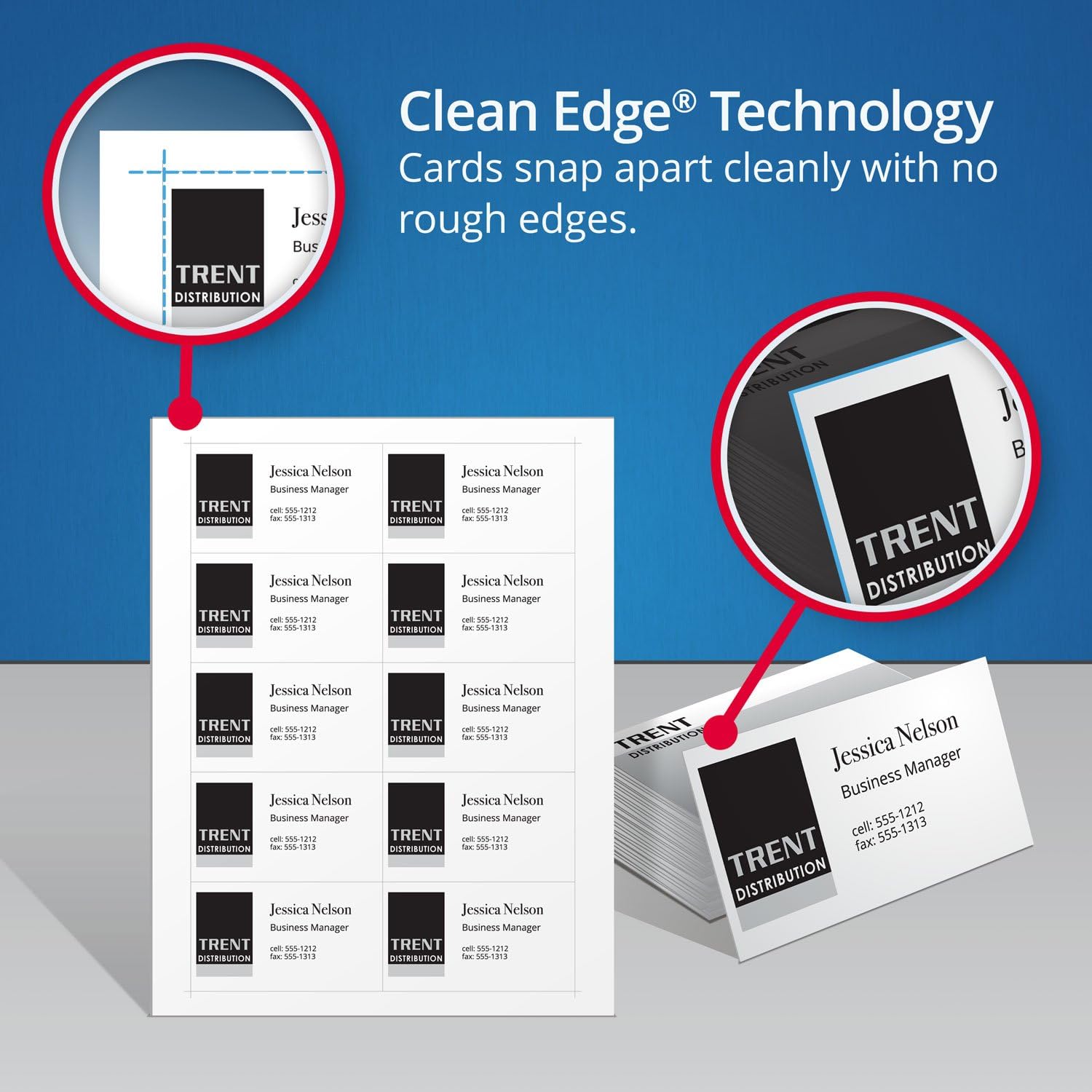 Diagram illustrating Avery Clean Edge Technology, showing how cards snap apart cleanly