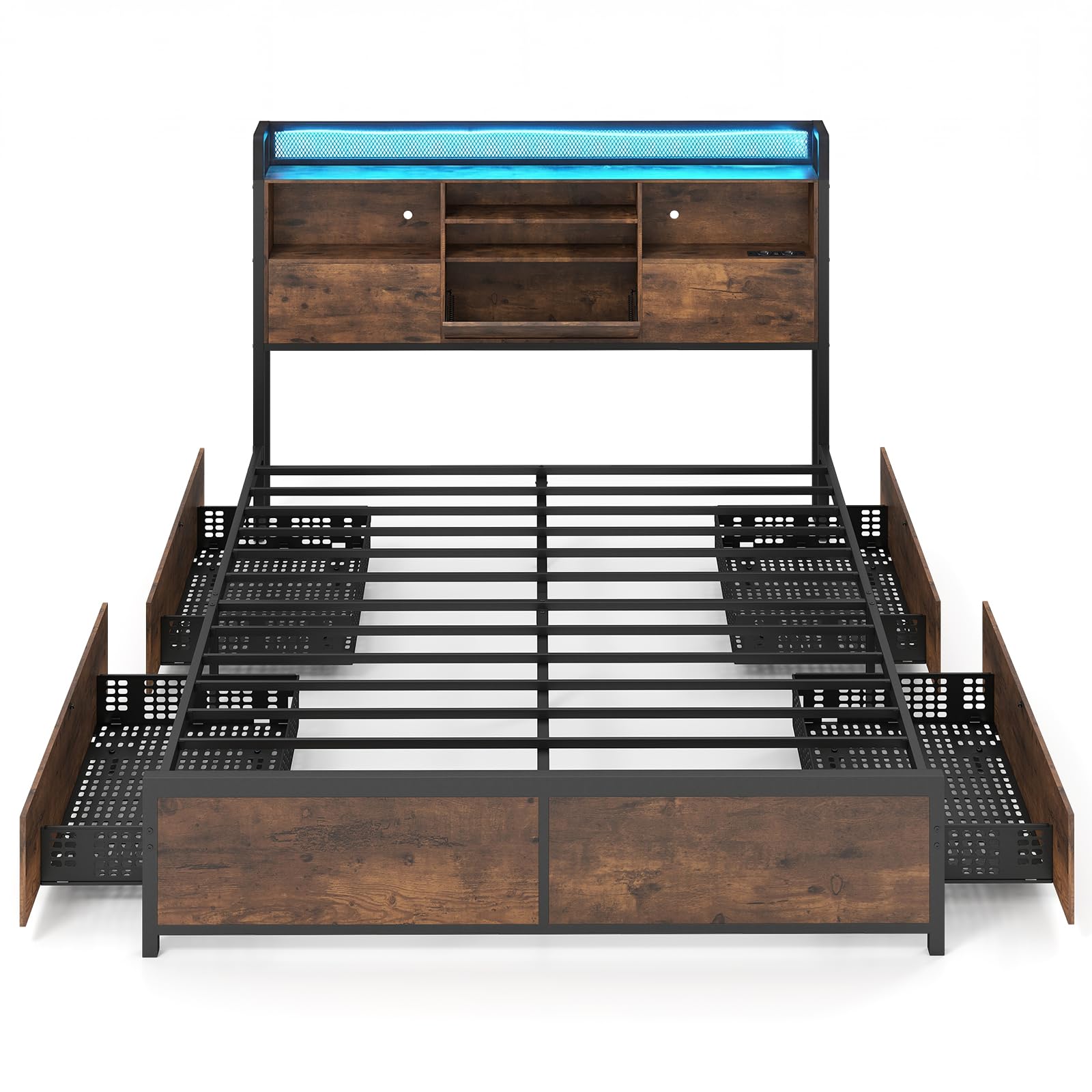COSTWAY Struttura Letto con Testiera, Letto con 4 Cassetti e Doghe Robuste in Metallo, Letto a Piattaforma con Prese, Silenzioso, Carico Massimo 300kg (160 x 200 cm)