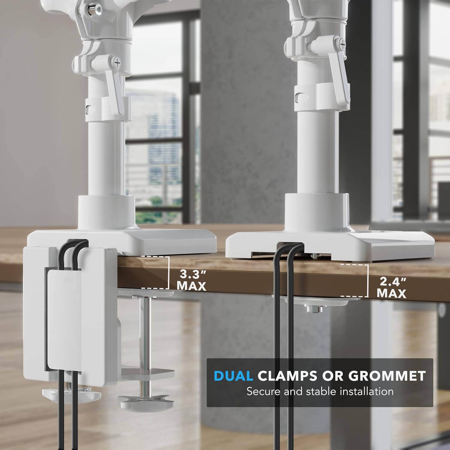 Mount-It! Triple Monitor Mount, 3 Monitor Desk Mount, Gas Spring Arms, Fits 13–27" Screens, VESA 75 & 100, Clamp or Grommet, USB-A & USB-C, White