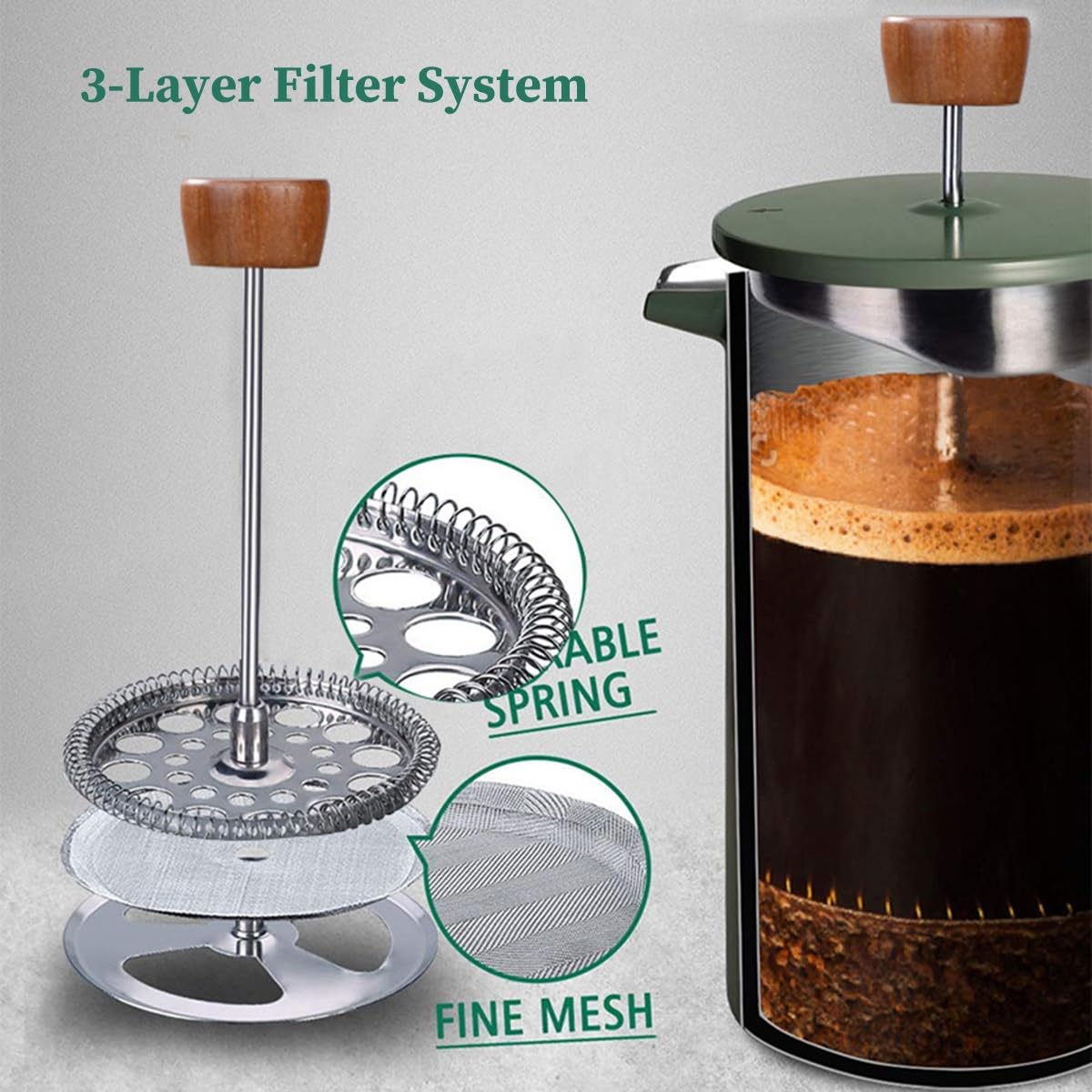 French Press ekspres do kawy 970 ml - drewniany uchwyt izolacja z podwójną ścianką - ekran filtra ze stali nierdzewnej - zaparzony dzbanek do kawy i herbaty