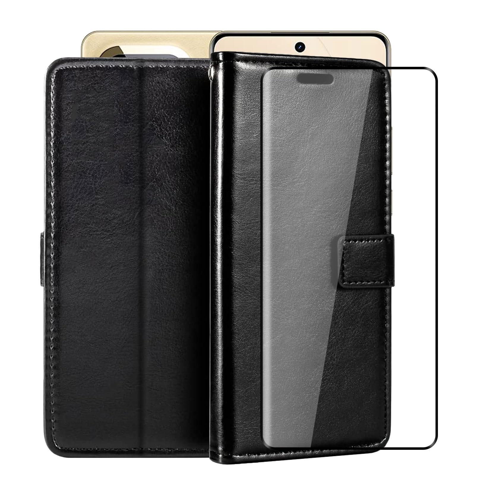 Wallet Case for Realme 16 Pro+ (6.80") with 1 X Tempered Glass Screen Protector, Stand Function Premium Leather Flip Phone Cover, with Soft TPU Bumper Lining Case - Black