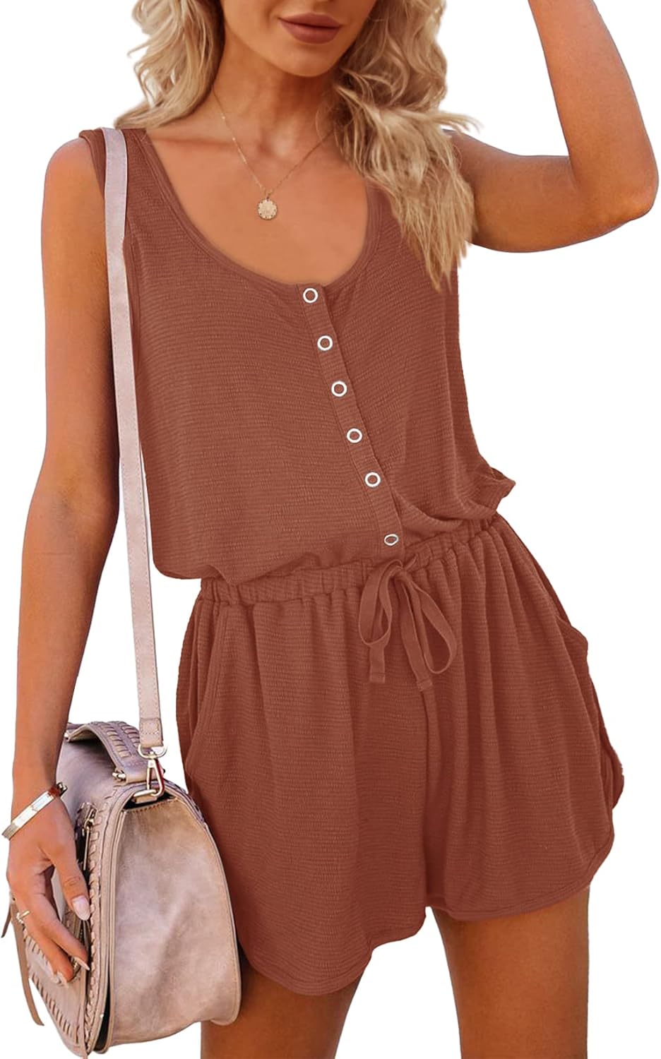 Women's Summer Scoop Neck Sleeveless Button Down Jumpsuit Rompers Adjustable Waist Short with Pockets - Image 2