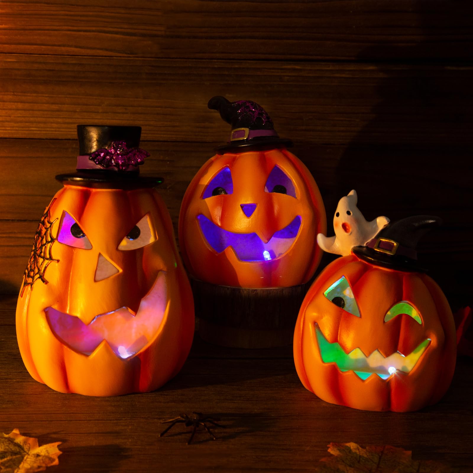 QEQEKAKA Halloween Pumpkin Decorations - 3PCS Jack O Lantern for Halloween Party, Indoor Decorations, Birthday Gifts, Resin Lights