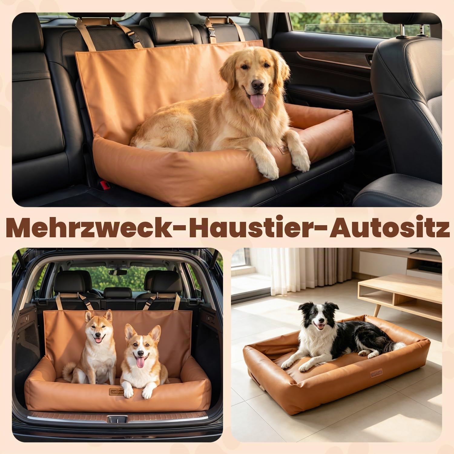 Nobleza - Hunde Autositz für Mittelgroße und Große Hunde, Wasserdichter Rutschfester, Autositz Hund mit 2 Sicherheitsleinen, Geeignet für mittelgroße bis große Hunde, L92*W52*H47cm, Orange