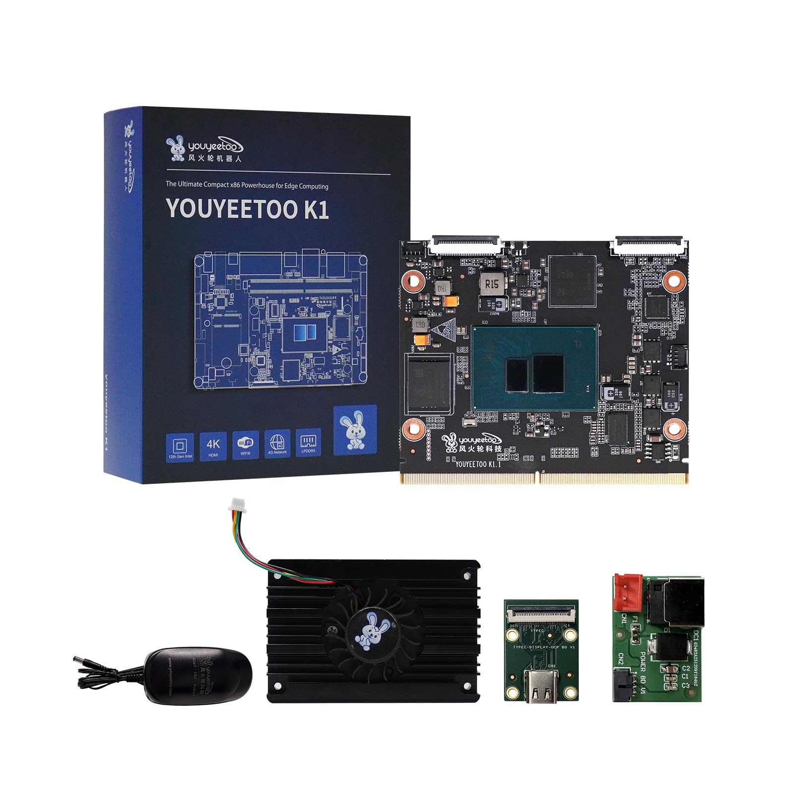 youyeetoo K1 - Intel N100 x86 Single Board Computer, Windows 10/11 Linux Mini PC, 4K Dual Media Server, 2X Gbe RJ45, M.2 2280 NVMe/SATA 3.0 SSD, Dev Board für AI IoT Edge (SOM Kit, 8+128GB)