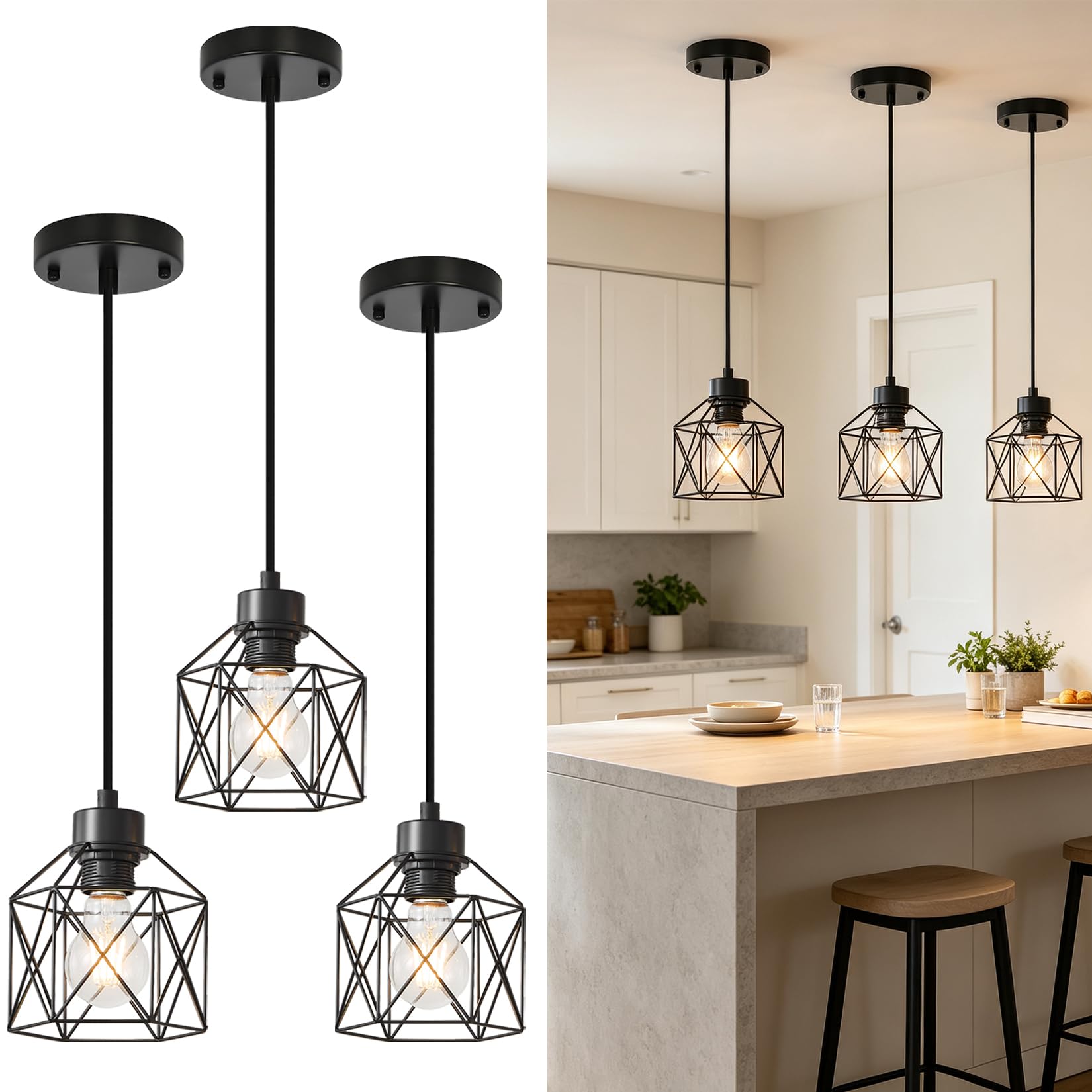 Photo 1 of ROCUNSI 3 Pack Hanging Pendant Light Black