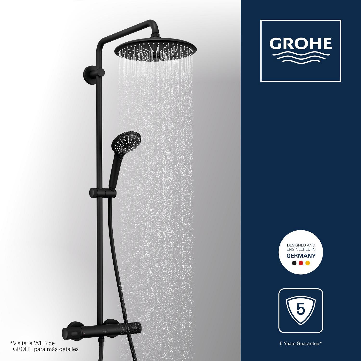 GROHE Vitalio Joy 260 - Sistema de ducha con termostato y bandeja (Ahorro de agua, Cabezal 26cm 3 chorros con rótula, Teleducha 11cm 3 chorros, Flexo 1.75m), Negro Mate, 264032432