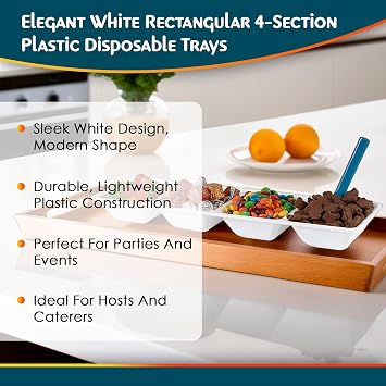 Kaya Elegant White Rectangular 4-Section Plastic Disposable Trays - 16 x 5 (Pack of 3) - Premium Quality & Design, Perfect for Parties & Events
