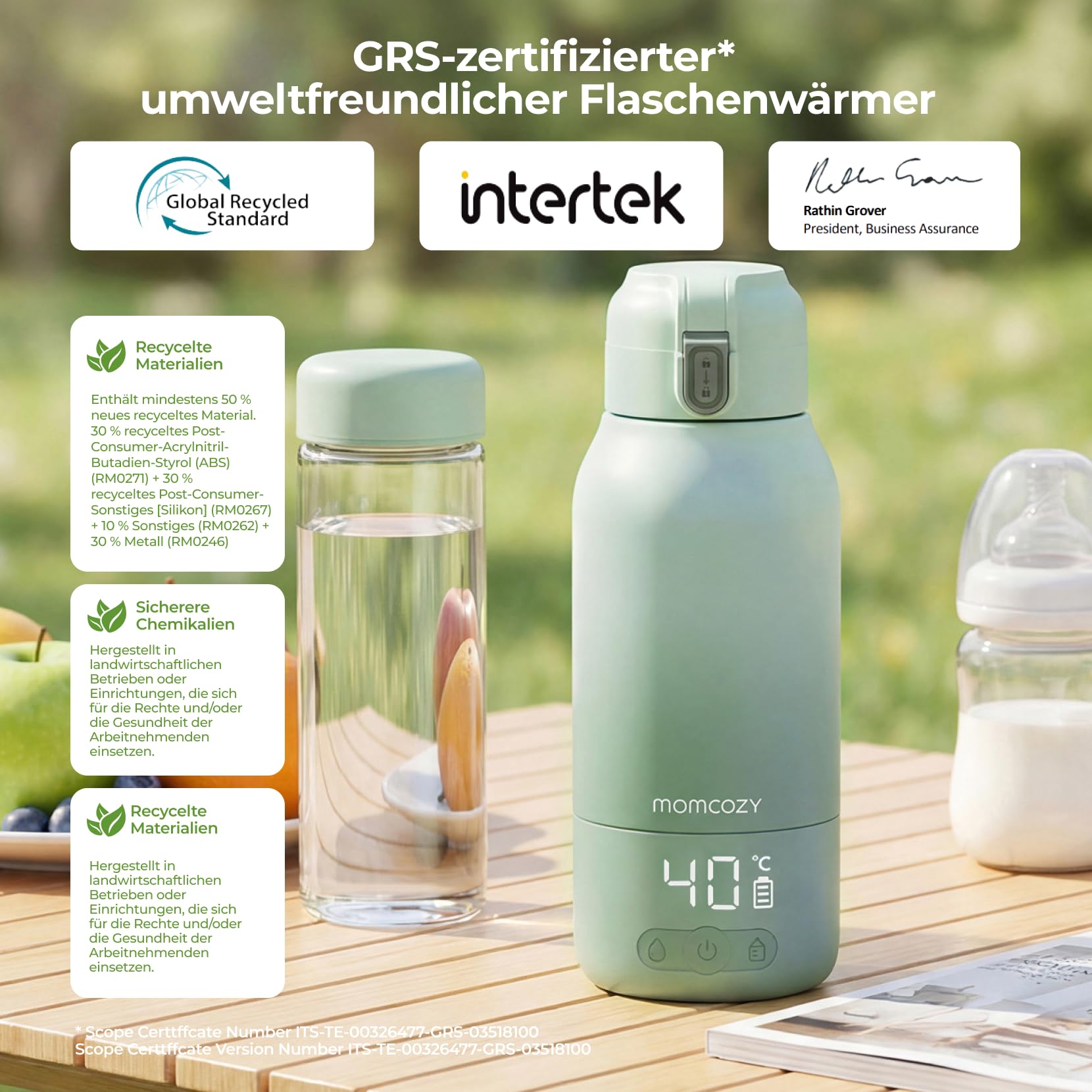 Momcozy MW05 Tragbarer Flaschenwärmer Baby 500ml Kapazität Akku TÜV-CE zertifiziert Schnellaufheizen 3 Min BPA-frei USB-C Kabel Grün