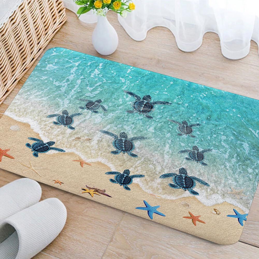 Turtle Ocean Bath Mat - Sea Turtle Beach Themed Absorbent Rug for Kitchen, Bathroom, Bedroom & Living Room (16"X24")