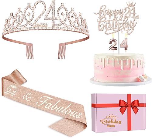 Decoraciones de cumpleaños de 24 para mujer, incluyendo banda de cumpleaños 24 para mujer, tiaracorona, velas del número 24 y adorno para pastel,