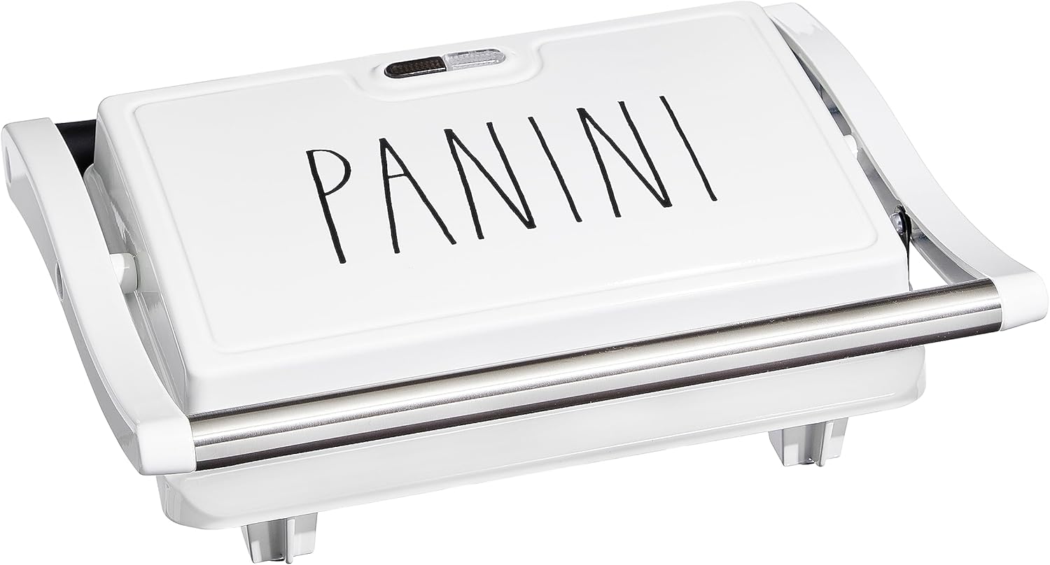 Rae Dunn Panini Maker - 750 Watt 2-Slice Press Grill with Indicator Lights | Opens 180 Degrees | Double Sided Heating | Non-stick Cooking | Cool Touch Handle | Easy to Clean, Cream