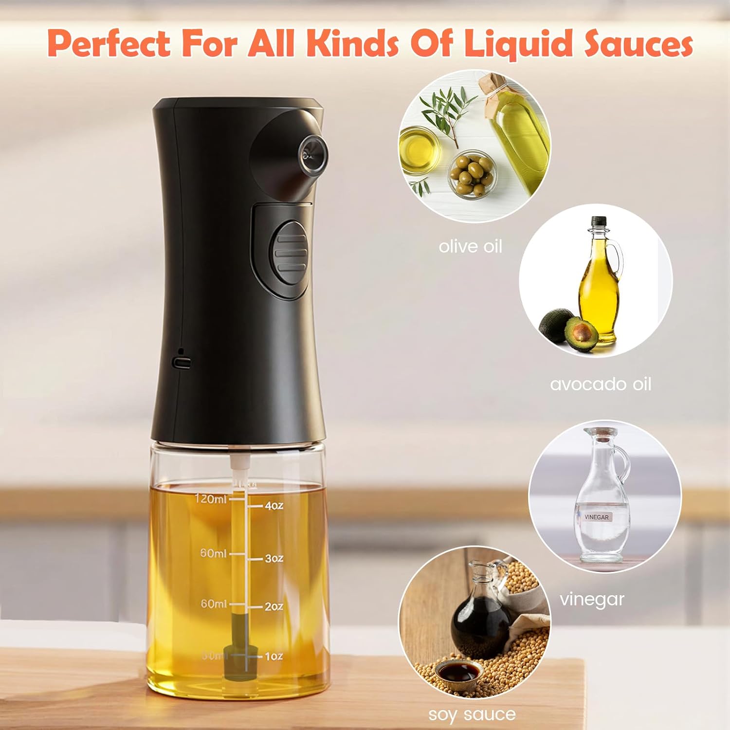 Electric Oil Sprayer for Cooking,160ml Glass Oil Spray Bottle, Black Refillable Kitchen Gadget, BPA Free, Healthy Cooking, Fine Mist for Salad, Popcorn, Roasted Chicken, Fries, BBQ & Air Fryer