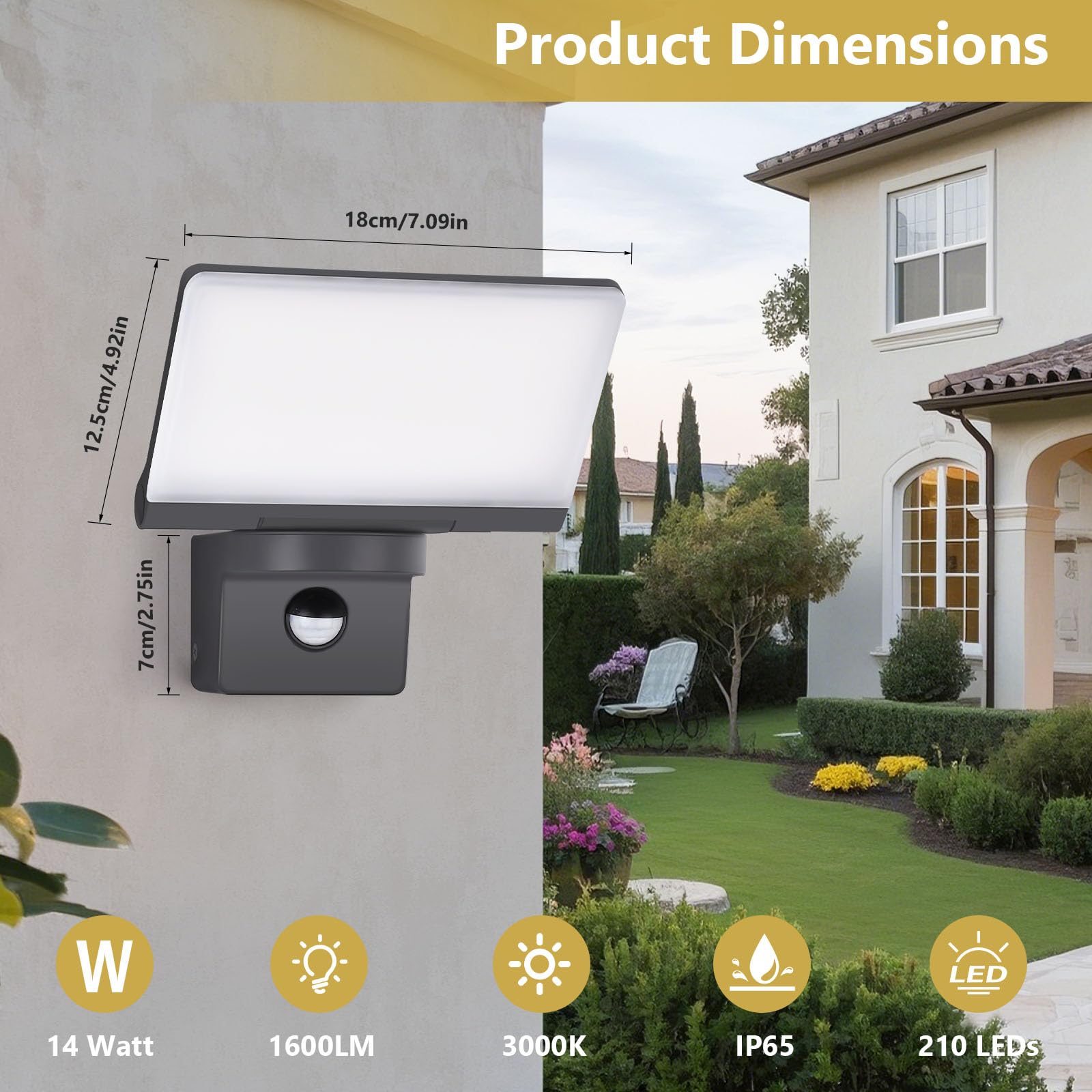 YindaLux 14W LED Outdoor Lamp with Motion Detector, IP65 Waterproof Wall Light for Outdoor/Indoor - Image 4