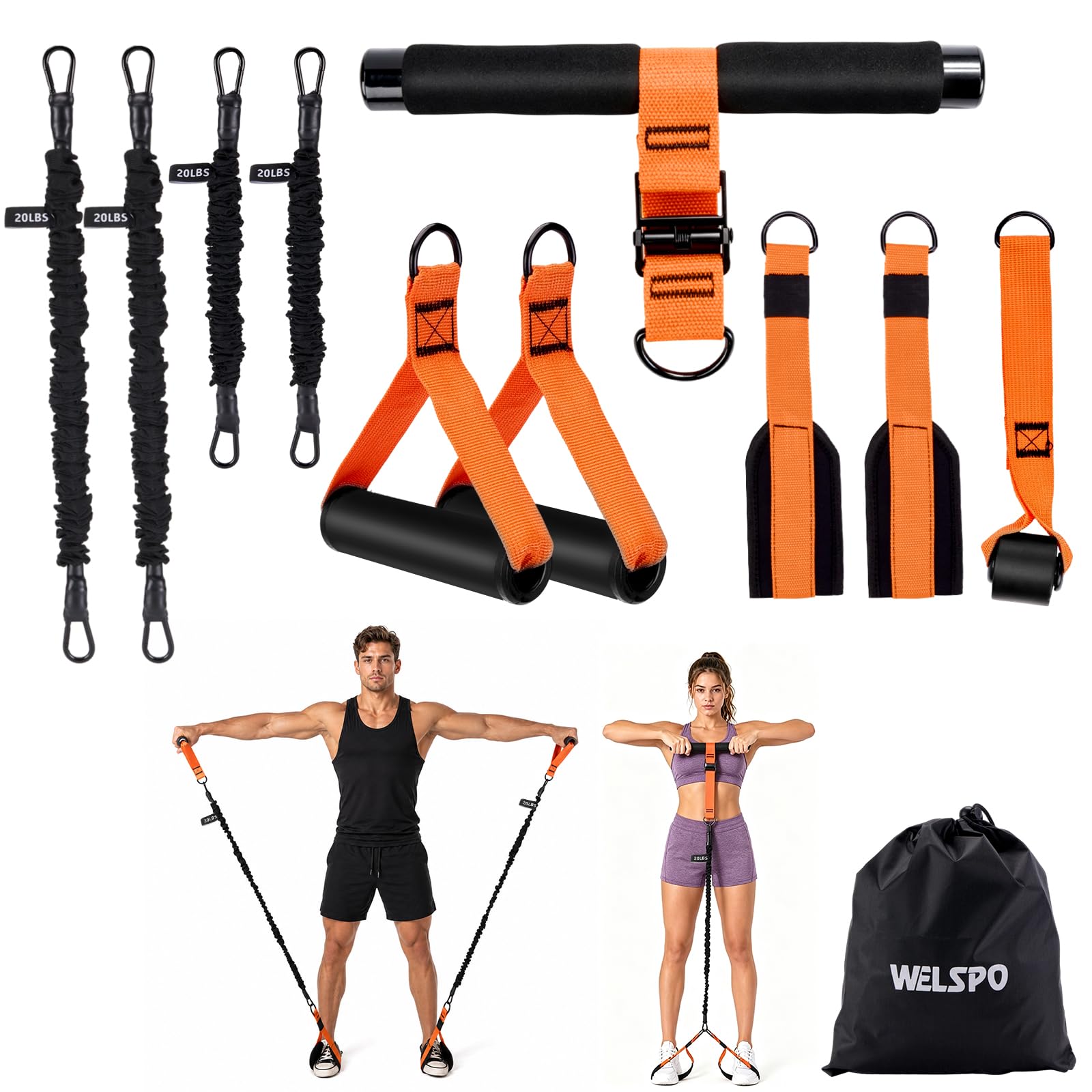 WELSPO Fascia di resistenza per pedali per palestra domestica con manico, ancoraggio alla porta, 4 livelli di resistenza (9,1 kg/18,1 kg/27,2 kg/36,3 kg) set di fasce di resistenza regolabili per