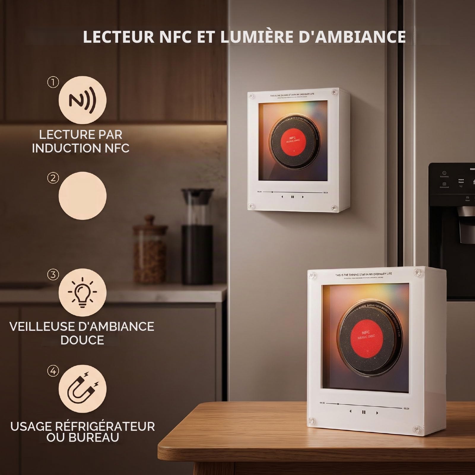 Sxhlseller Lecteur Magnétique de Réfrigérateur de Musique NFC 256 Go avec Disques – Mini Tourne-Disque Magnétique avec Lumière, Liste de Lecture Personnalisable, Aimant de Réfrigérateur pour Bureau,