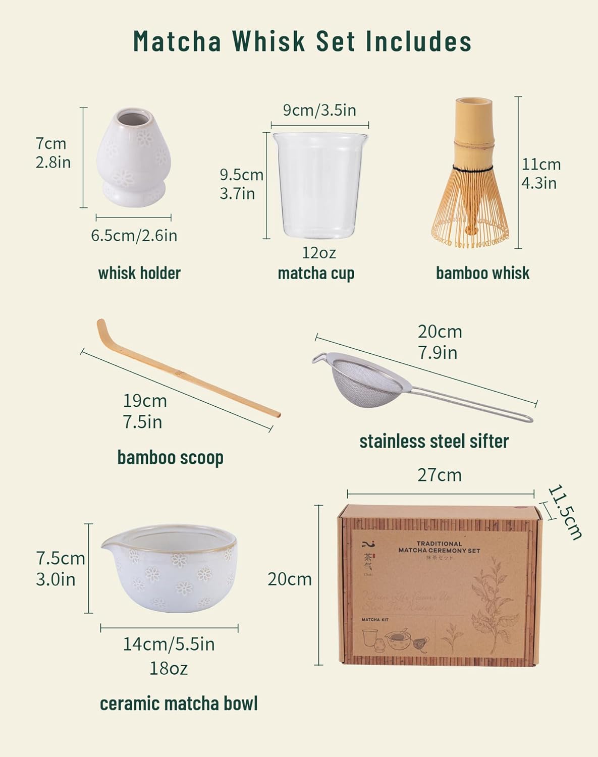 TEATALK Matcha Whisk Set 6Pcs, Japanese Matcha Bowl & Bamboo Whisk Kit with Stainless Steel Sifter, Scoop, Holder & Cup, Complete Ceramic Matcha Making & Gift Set for Tea Ceremony, White