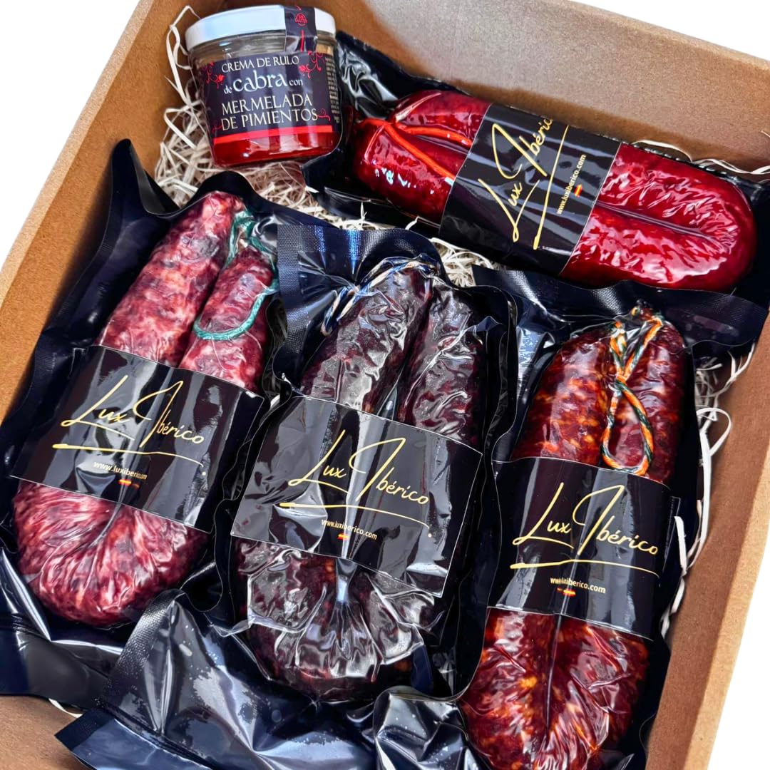Lux Ibérico Lote Embutidos Séneca - Extremeños con Queso de Cabra | Chorizo y salchichón extremeño, chorizo patatero, achorizada dulce y crema de queso de cabra. Ideal para regalar.