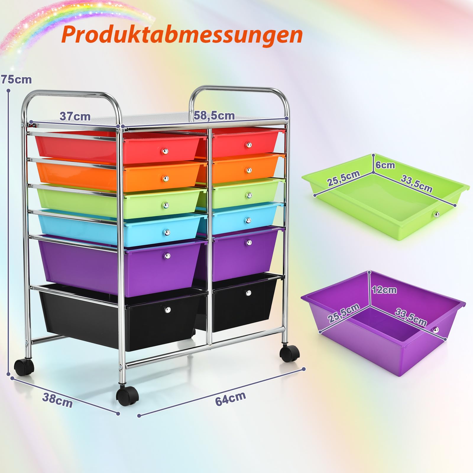 COSTWAY Chariot à roulettes avec 12 tiroirs empilables, chariot de rangement pour bureau, salon (multicolore)