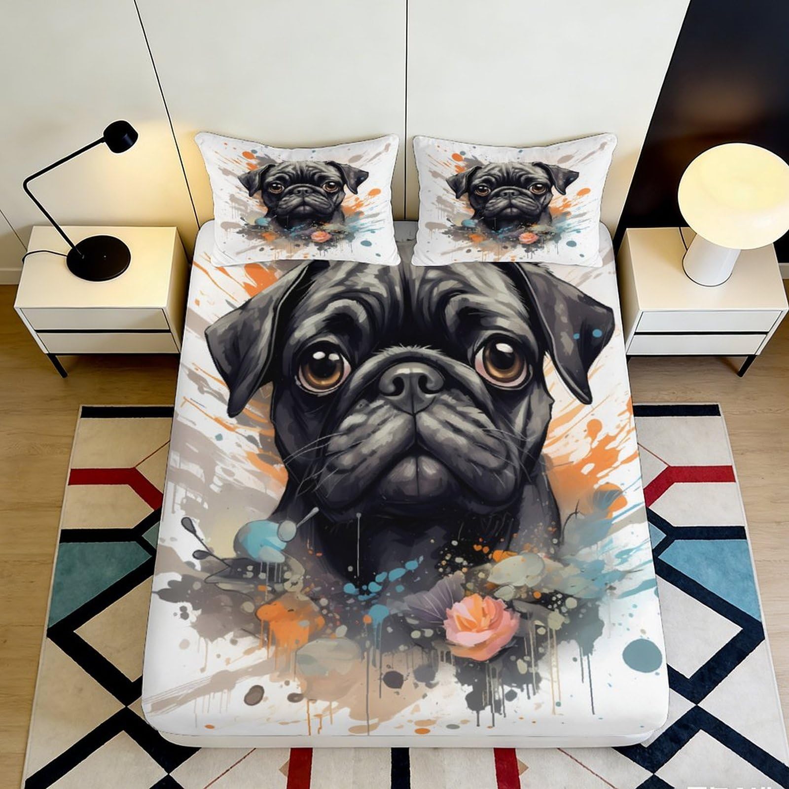 3D Printed Black Pug Dog Fitted Sheet Microfiber Animal Art Bed Cover for Bedroom Guestroom Easy Care Non Slip 90x200x25cm