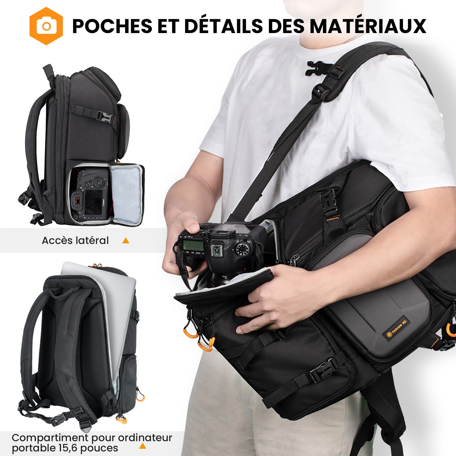 TARION Sac à Dos pour Appareil Photo 15L- Sac Photo avec Compartiment Ordinateur Portable 15,6" et Housse Imperméable | Pour Photographe, Randonnée et Voyage (PBL)