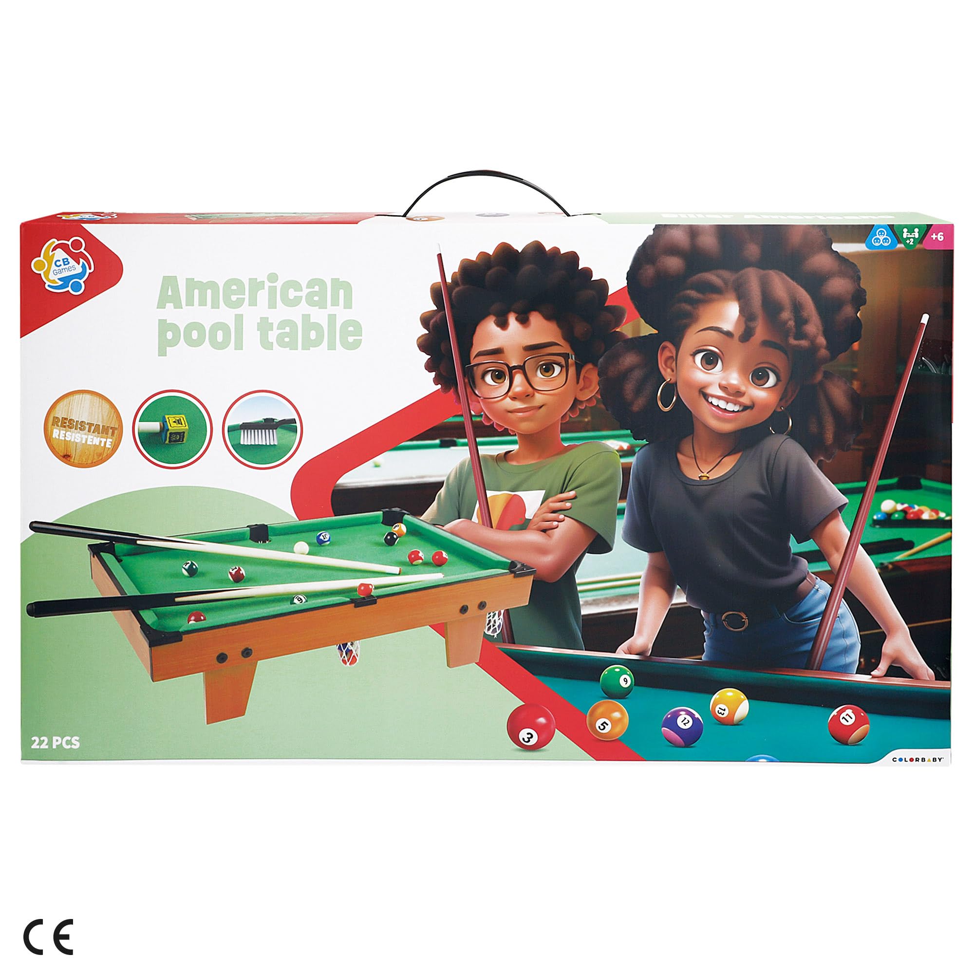ColorBaby CB Games Mesa Billar para niños, Sobremesa, Madera Resistente, 22 Piezas, Incluye Tacos, Tiza, triángulo y Cepillo, 2-4 Personas, 62x36x15 cm, Juego de Bolas, Juguetes 6 años (43269)