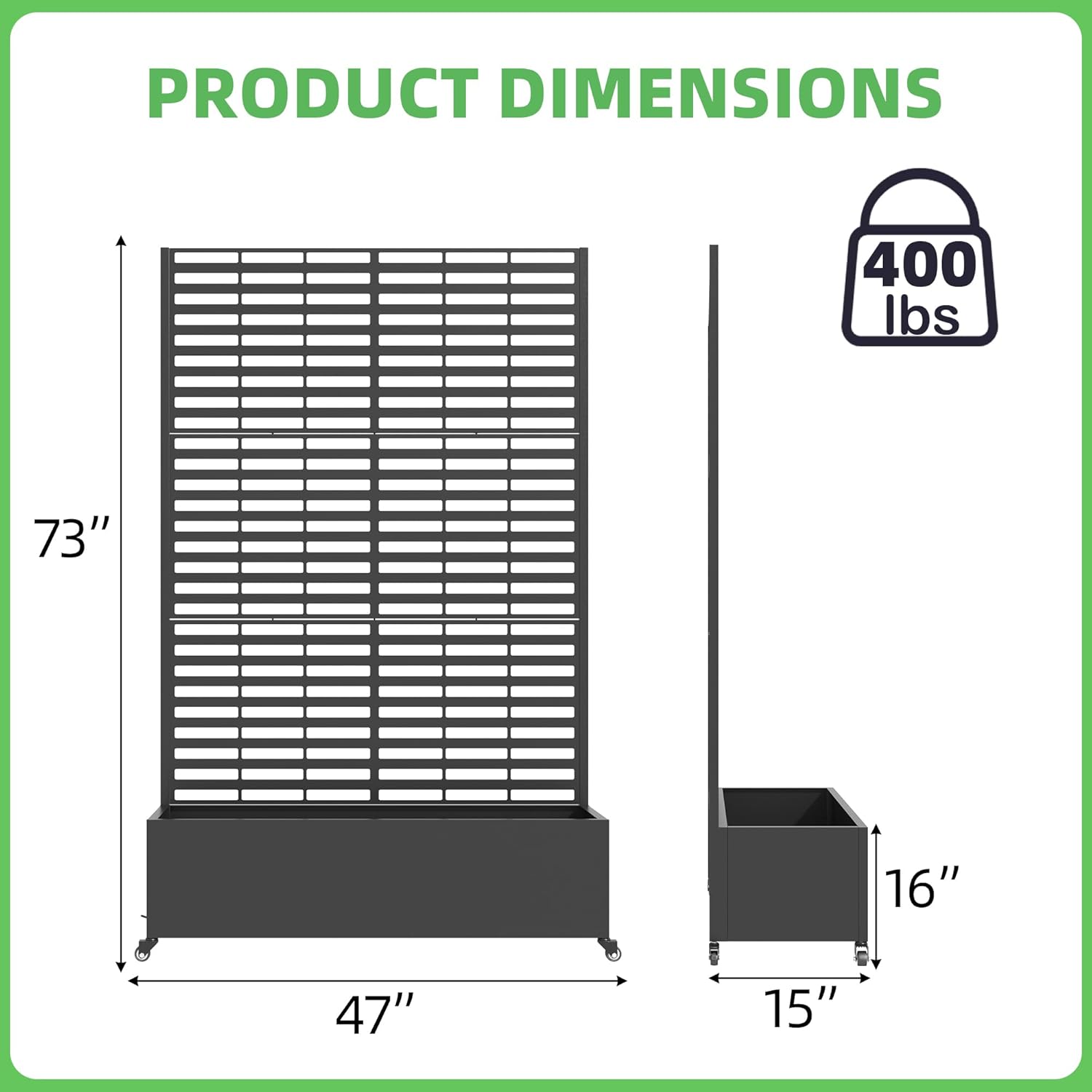 Metal Planter Box with Trellis, 73"x 47"x 16" Raised Garden Bed with Wheels and Drainage Holes, Planter with Trellis for Garden, Balcony and Patio, Black