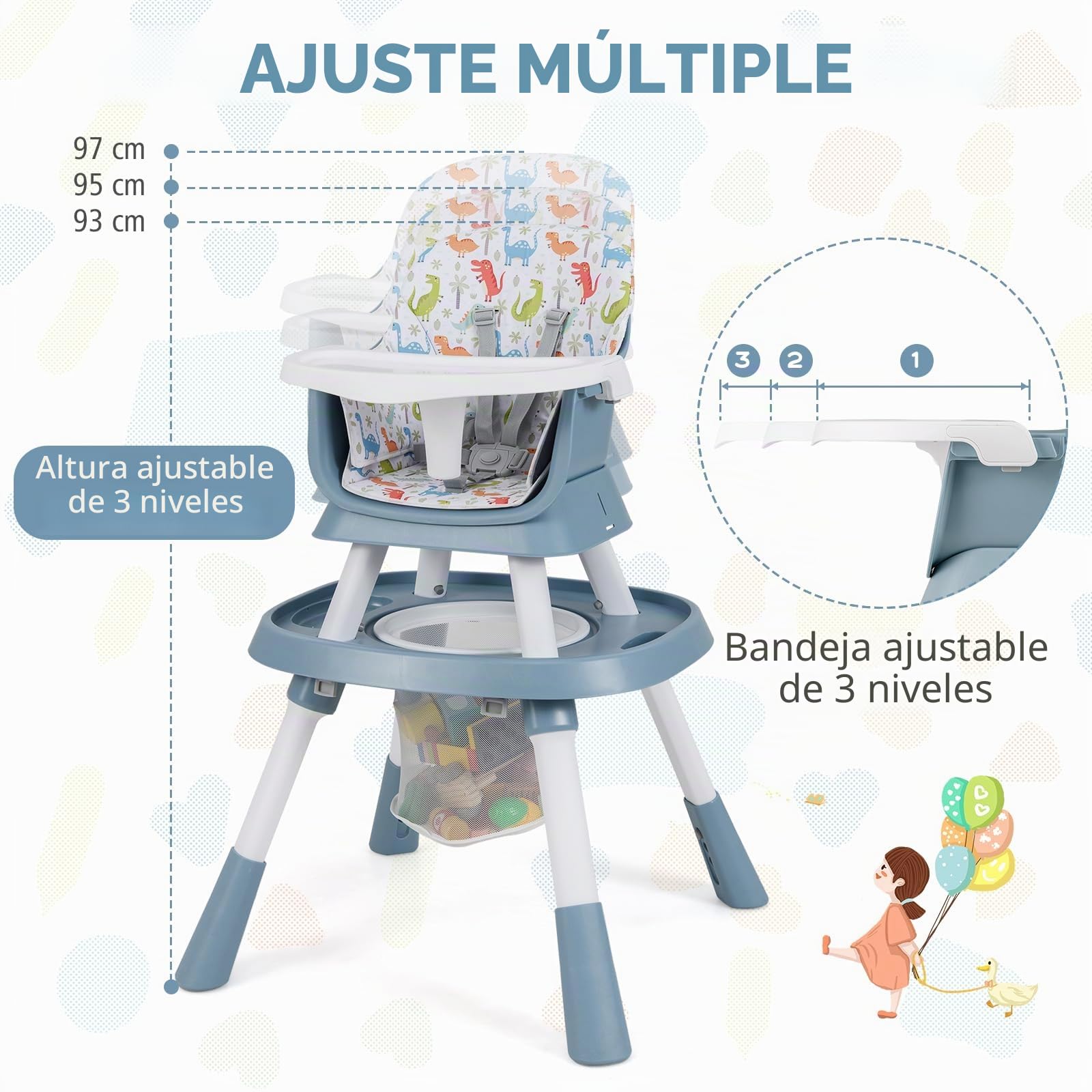 GOPLUS Trona Convertible para Niños 16 en 1, Set de Estudio con Mesa Doble, Bandeja Extraíble, Cesta y Cinturón de Seguridad, Centro de Actividades Ajustable con 3 Juguetes (Azul + Blanco)