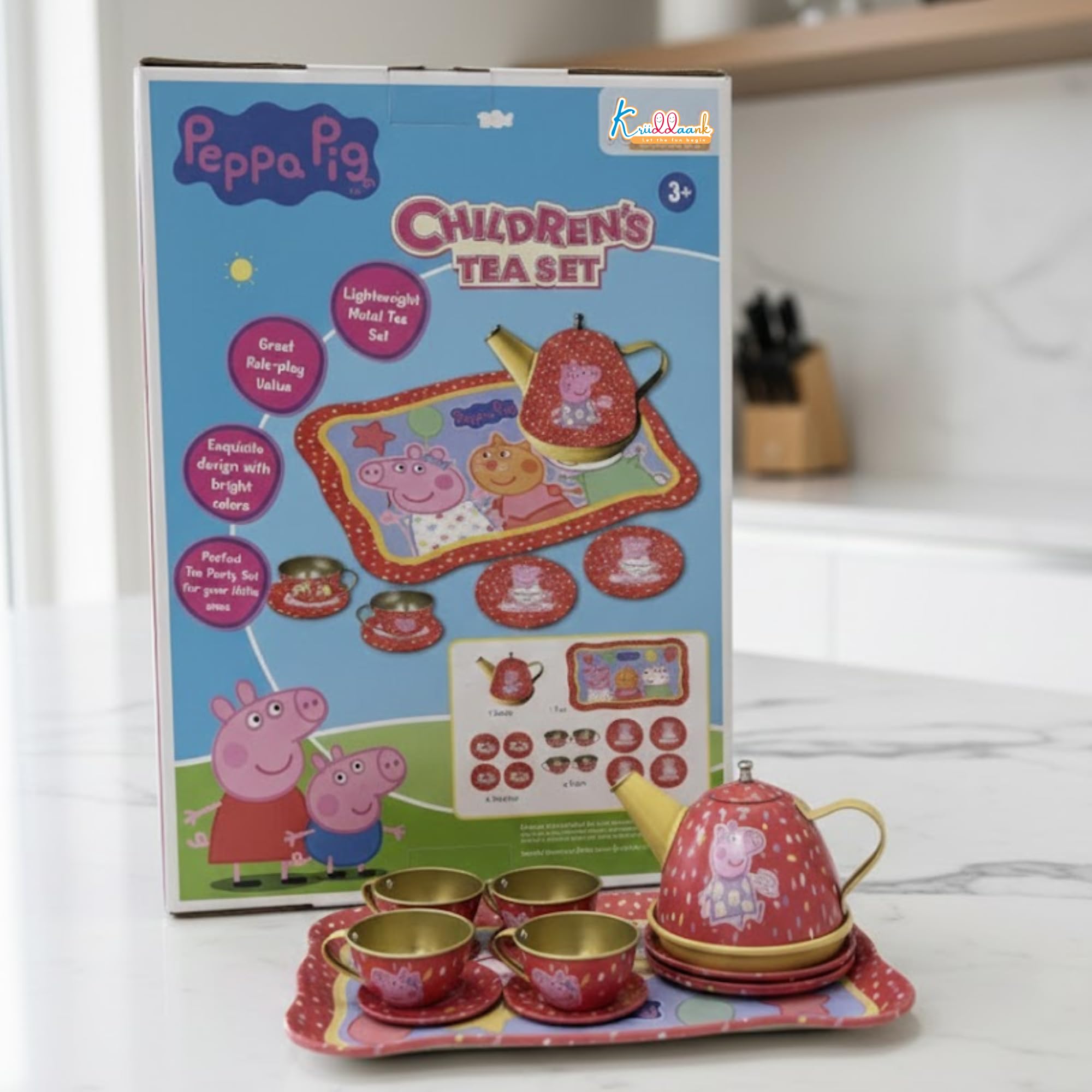 Peppa Pig 14-Piece Portable Tin Tea Set for Kids - Durable Metal Play Tea Party Set with Kettle, Cups, Saucers & Plates - Role Play Toy for Girls & Toddlers 3+ Years Old, Multicolor-image-9