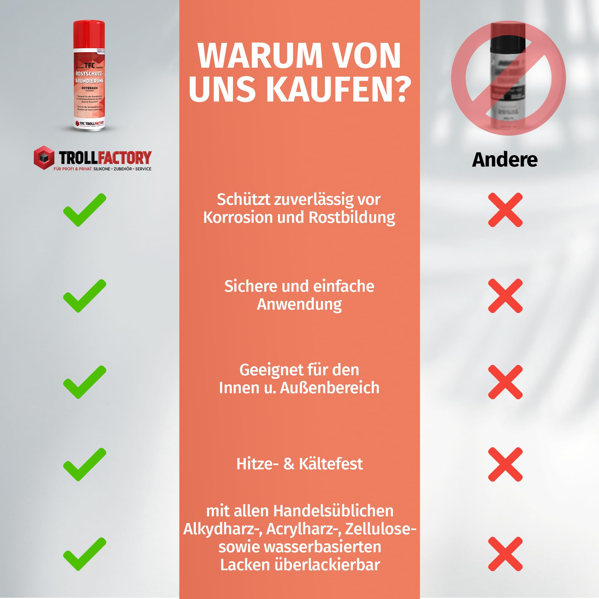 TFC spray antykorozyjny, bardzo skuteczny, szybkoschnący spray antykorozyjny, odporny na zarysowania, możliwość ponownego lakierowania, odporny na rdzę w kolorze czerwono-brązowym, do użytku wewnątrz