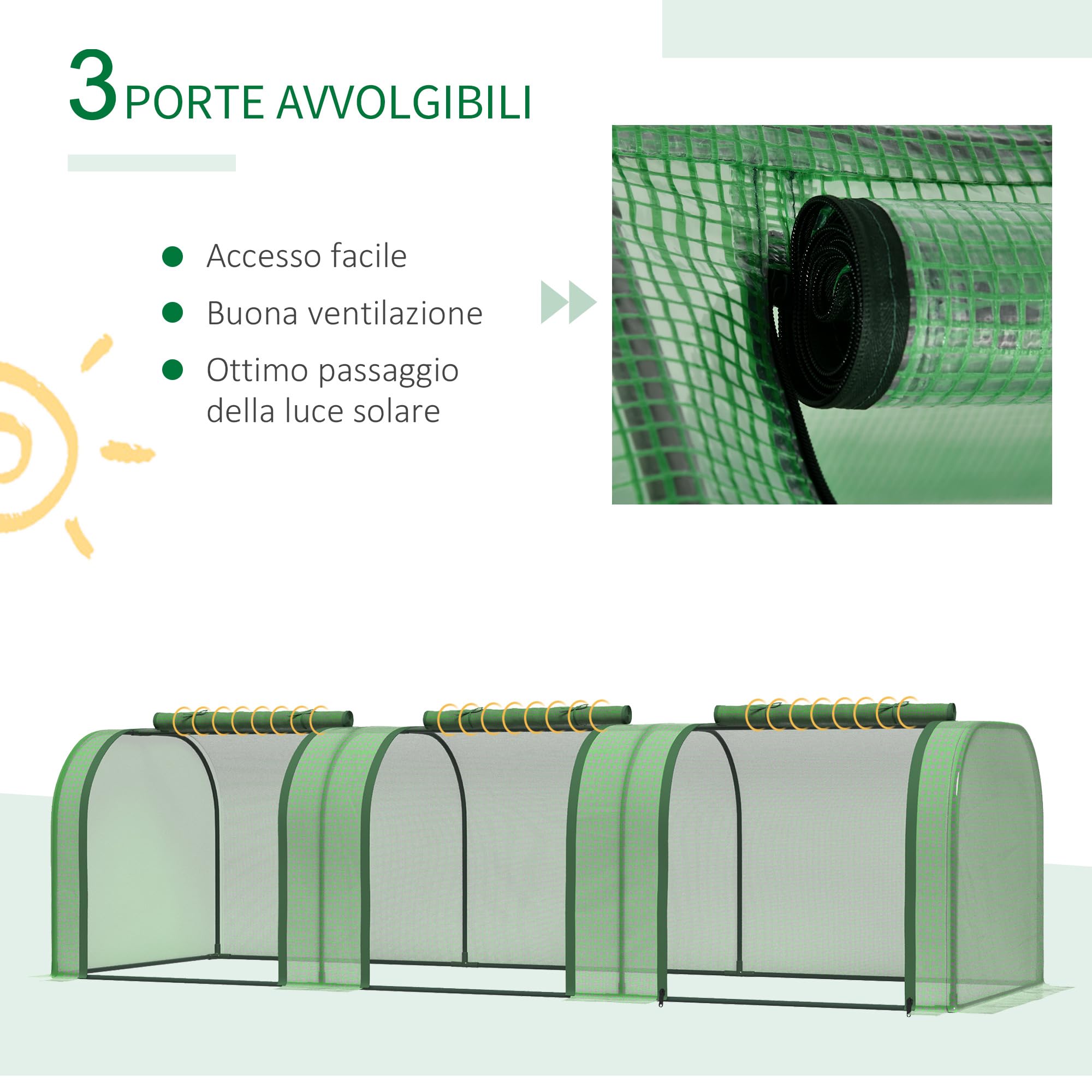 Outsunny Serra da Giardino a Tunnel in Acciaio e Plastica PP con Porte Avvolgibili, 295x100x80 cm, Verde