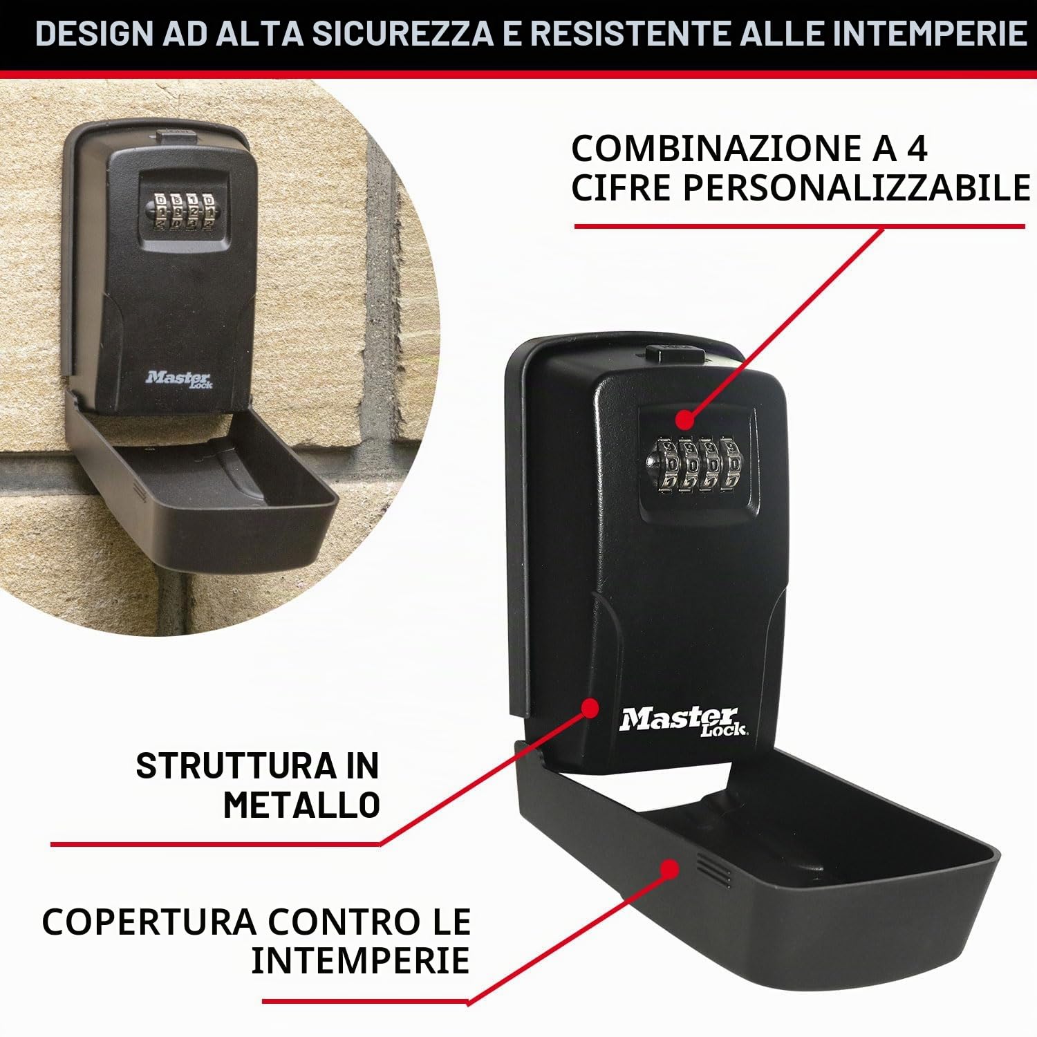 Cassetta portachiavi MASTER LOCK a parete, con copertura rimovibile, dimensioni medie, per esterni, kit di montaggio, per la casa, l’ufficio e la fabbrica 5430EURD