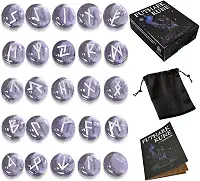 Tirmanaz Conjunto de runas, conjunto de 25 peças de pedras rúnicas roxas com livro guia, bolsa de veludo, runas viking para iniciantes, ritual/pagão/meditação/adivinhação/bruxaria