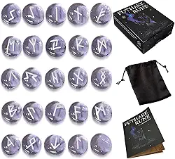 Conjunto de runas, conjunto de 25 peças de pedras rúnicas roxas com livro guia, bolsa de veludo, runas viking para iniciantes, ritual/pagão/meditação/adivinhação/bruxaria