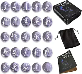 Tirmanaz Conjunto de runas, conjunto de 25 peças de pedras rúnicas roxas com livro guia, bolsa de veludo, runas viking para iniciantes, ritual/pagão/meditação/adivinhação/bruxaria