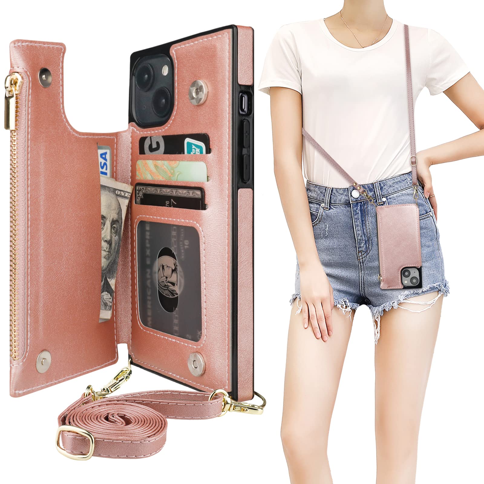 Bocasal Crossbody Wallet Case for iPhone 14 Plus with RFID Blocking Card Slot Holder, Magnetic Flip Folio Purse Case, PU Leather Zipper Handbag with