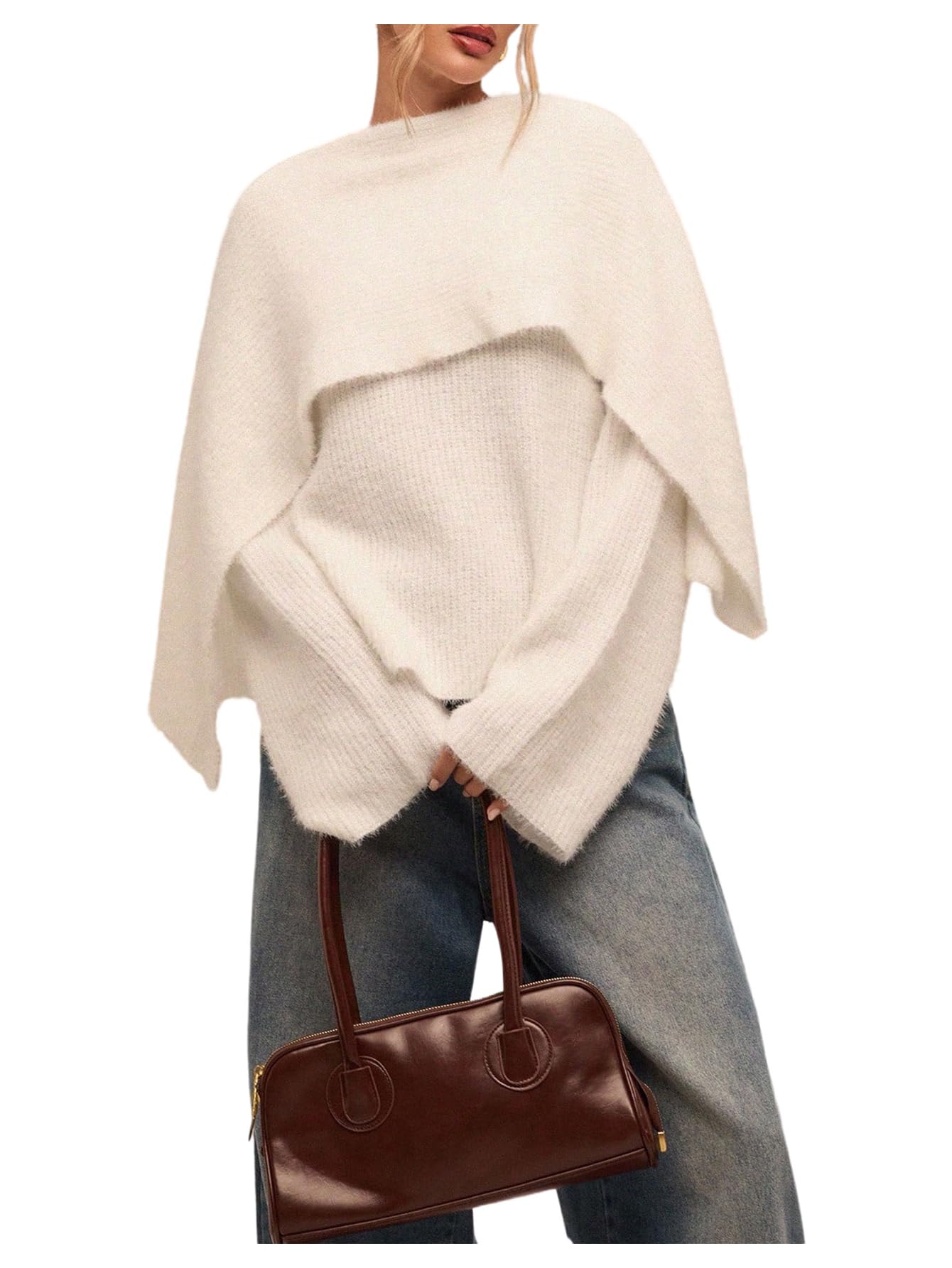 GORGLITTER Womens 2 in 1 Poncho Fall Sweaters Fuzzy Cozy Long Sleeve Chunky Crew Neck Knit Pullover Tops