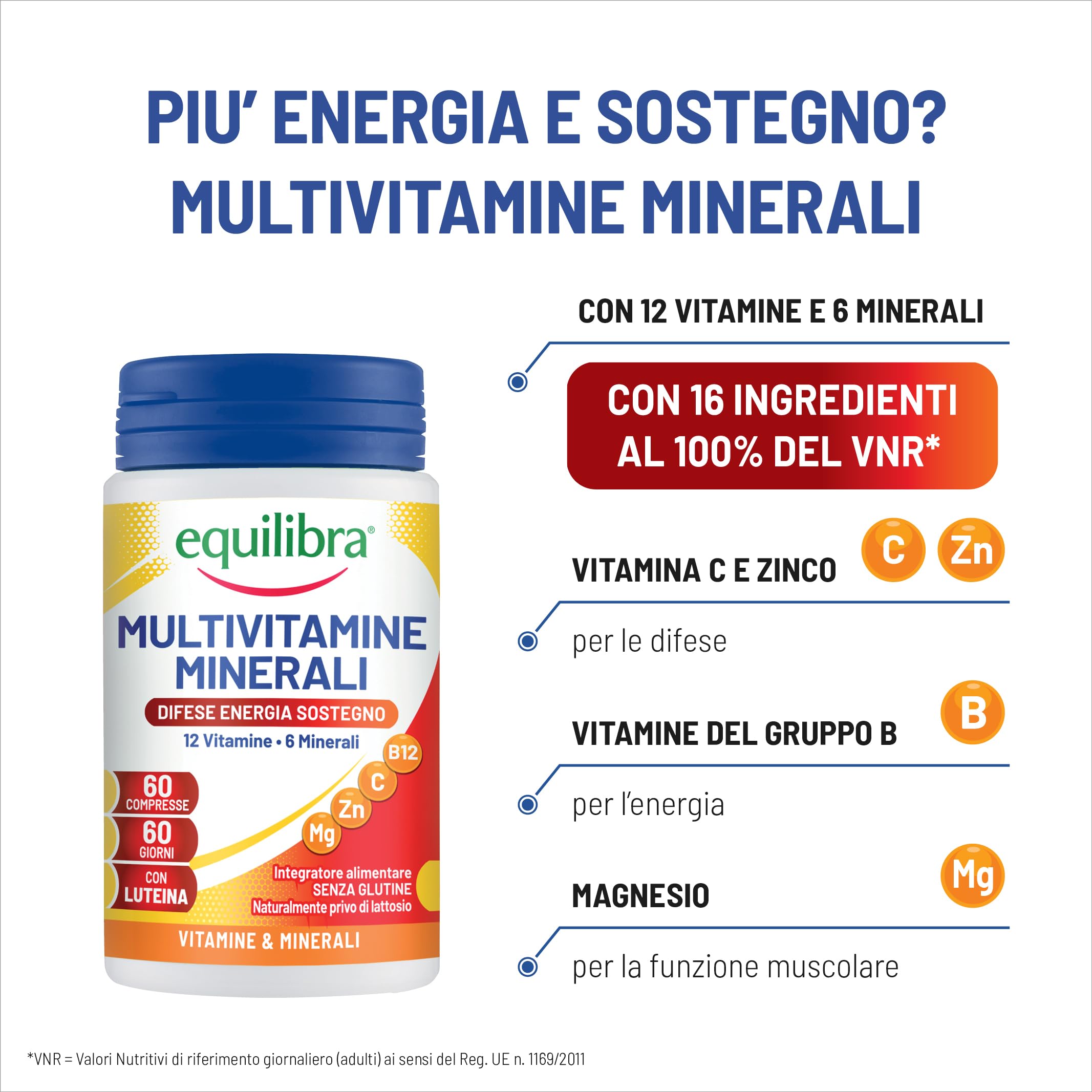 Equilibra Integratori Alimentari, Multivitamine e Minerali, a base di 12 Vitamine e 6 Minerali con Luteina, Indicato per Diete Povere di Minerali e Vitamine o Aumentato Fabbisogno, 60 Compresse