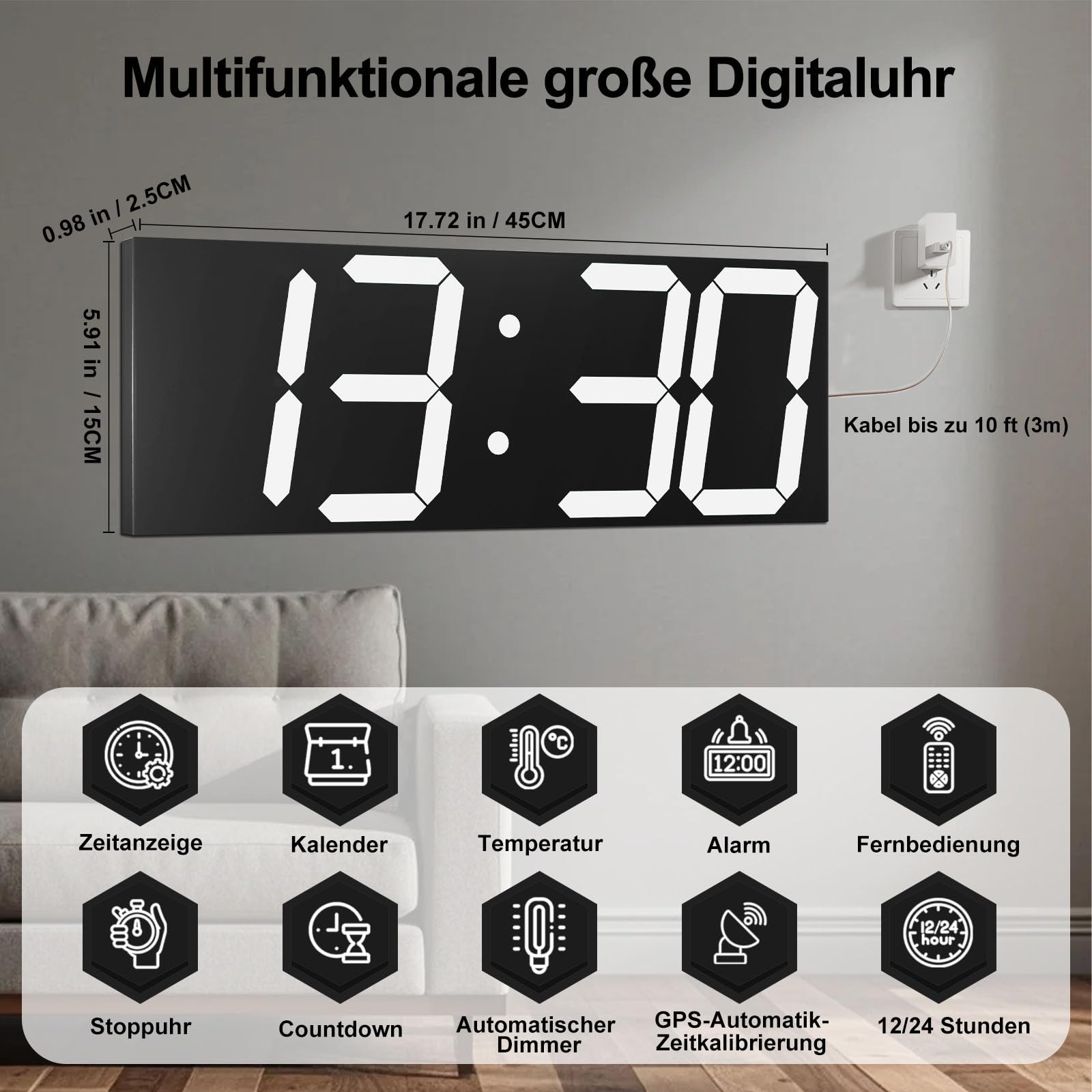 Automatische digitale Wanduhr, 47 cm, LED-Digitaluhr mit großem Display, multifunktionale Wanduhr mit Alarm und Timer, automatische Zeitsynchronisation, Uhr mit einstellbarer Helligkeit (weiß)