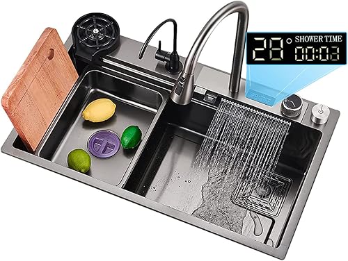 Fregadero de cocina con cascada de lluvia voladora, fregadero de cocina de acero inoxidable, fregadero de cocina con fregadero de cocina individual,