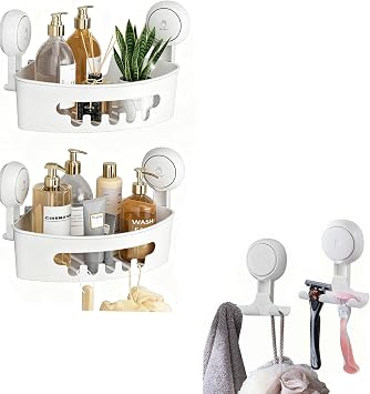 LEVERLOC Corner Shower Caddy Suction Cup & Razor Holder for Shower 2 Pack, One Second Installation NO-Drilling Removable Powerful Suction Shower Caddy Suction Cup Waterproof Organizer-White