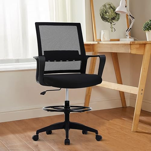 Silla de redacción alta para escritorio de oficina, respaldo medio, altura de barra ajustable, silla de oficina con soporte lumbar y anillo para los