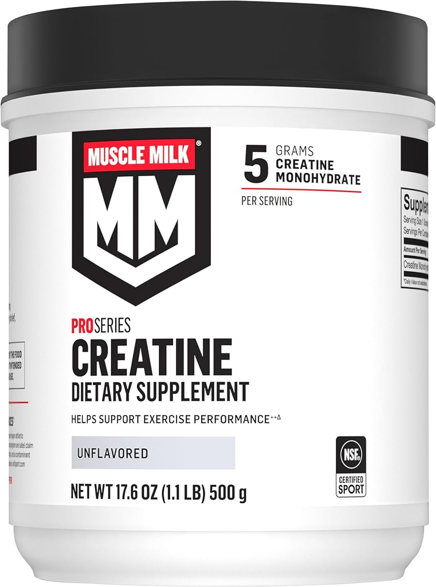 Suplemento de creatina en polvo Muscle Milk Pro Series, sin sabor, 1.1 libra, 100 porciones, 5 g de monohidrato de creatina, certificado NSF para deportes, el empaque puede variar