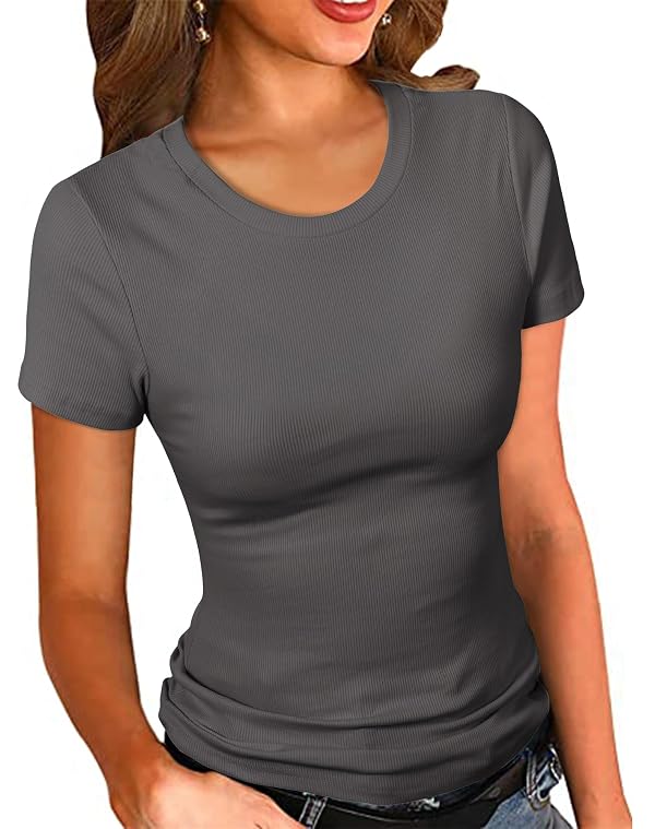 PALINDA Women's Crew Neck Ribbed Fitted Shirt Basic Short Sleeves Summer T Shirt Tops(Charcoal M) by PALINDA - Used condition - US$16.00