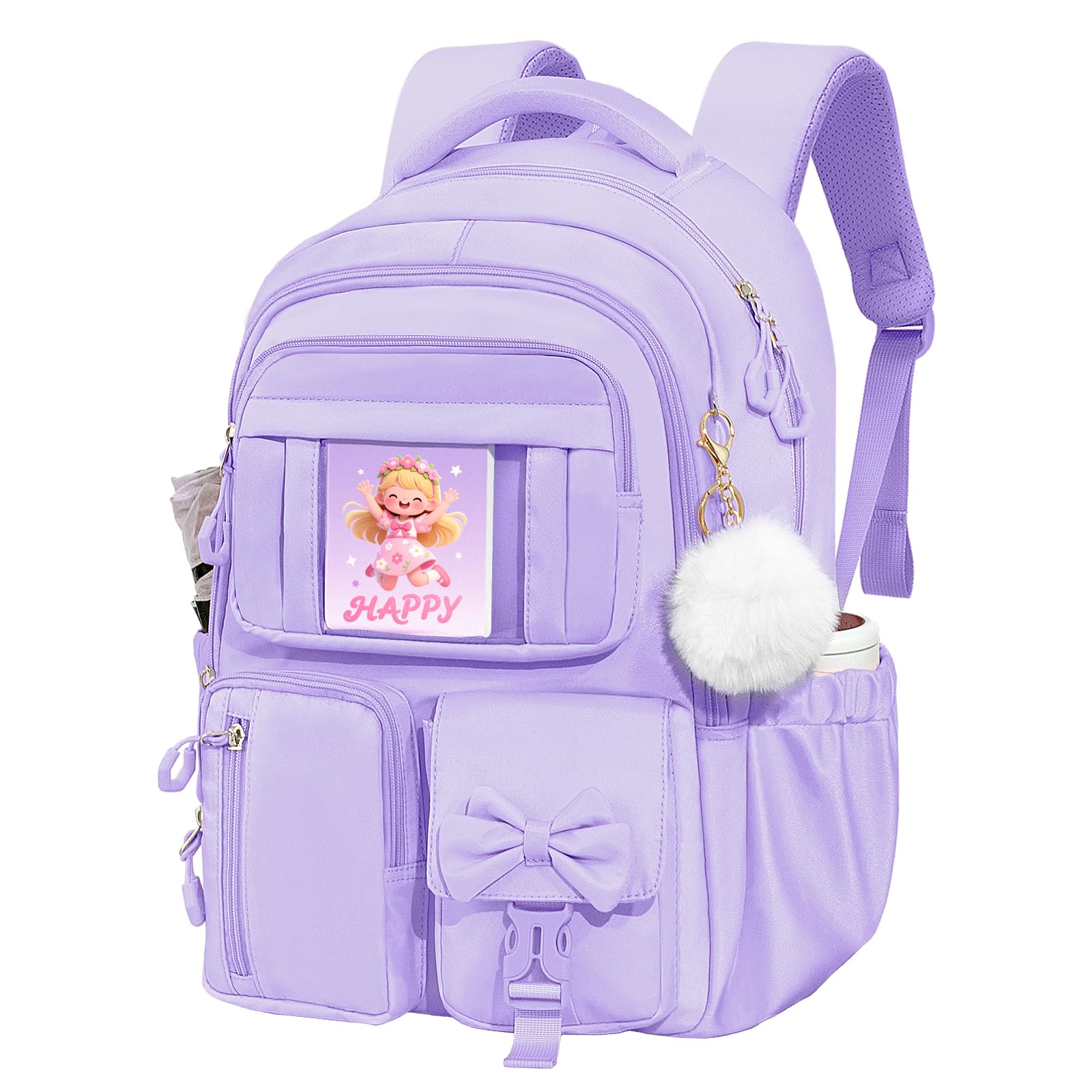 Tinrbip Kids Backpack for Girls, Cute Kawaii Purple Backpacks with Cartoon Doll, Aesthetic Multiple Pockets Bow Bookbag for Elementary Middle High