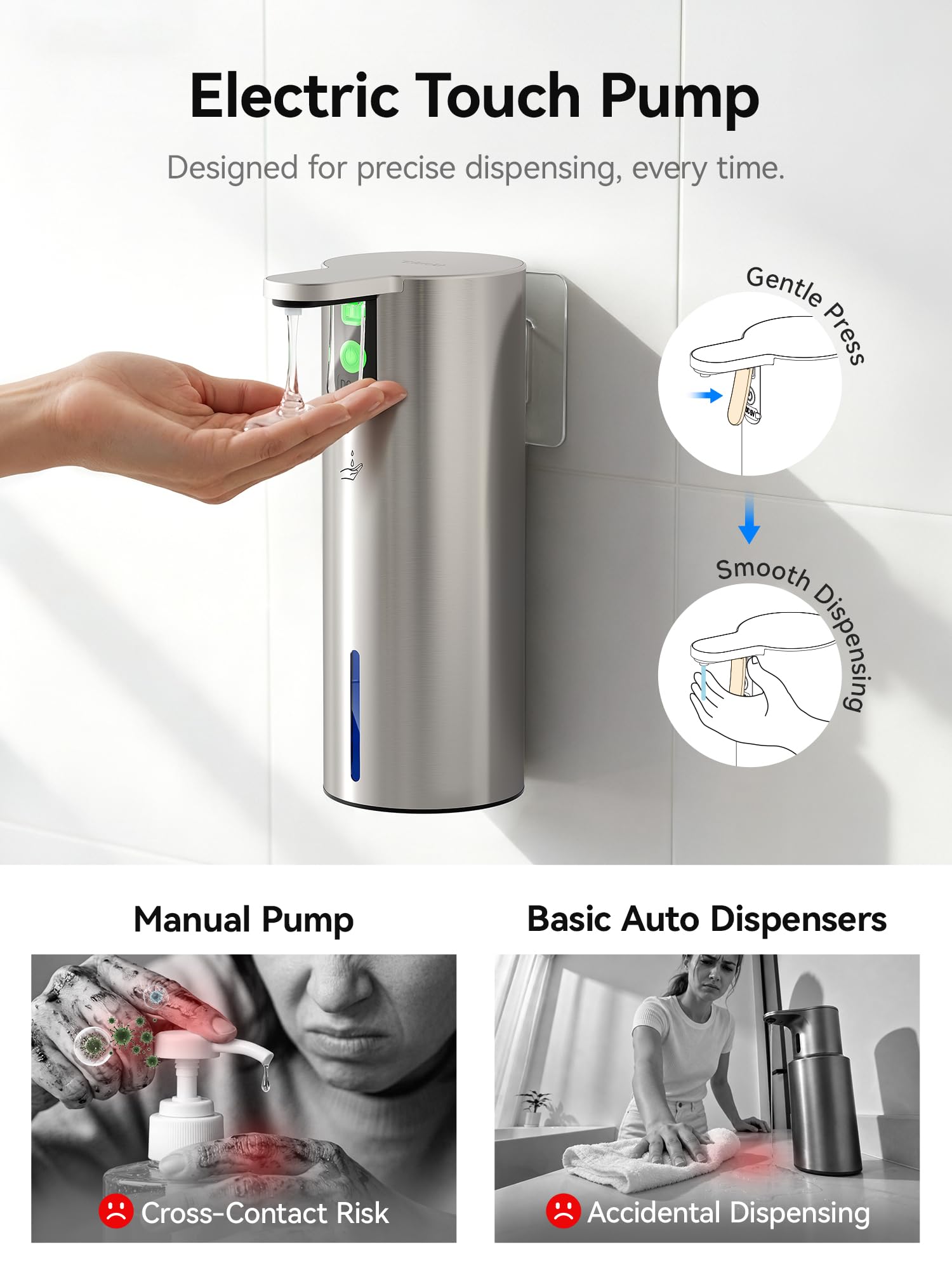 SUNLY Dispensador de jabón líquido a presión, bomba de jabón de acero inoxidable para cocina, dispensador de jabón de manos recargable sin contacto para baño, pared o encimera, color plateado
