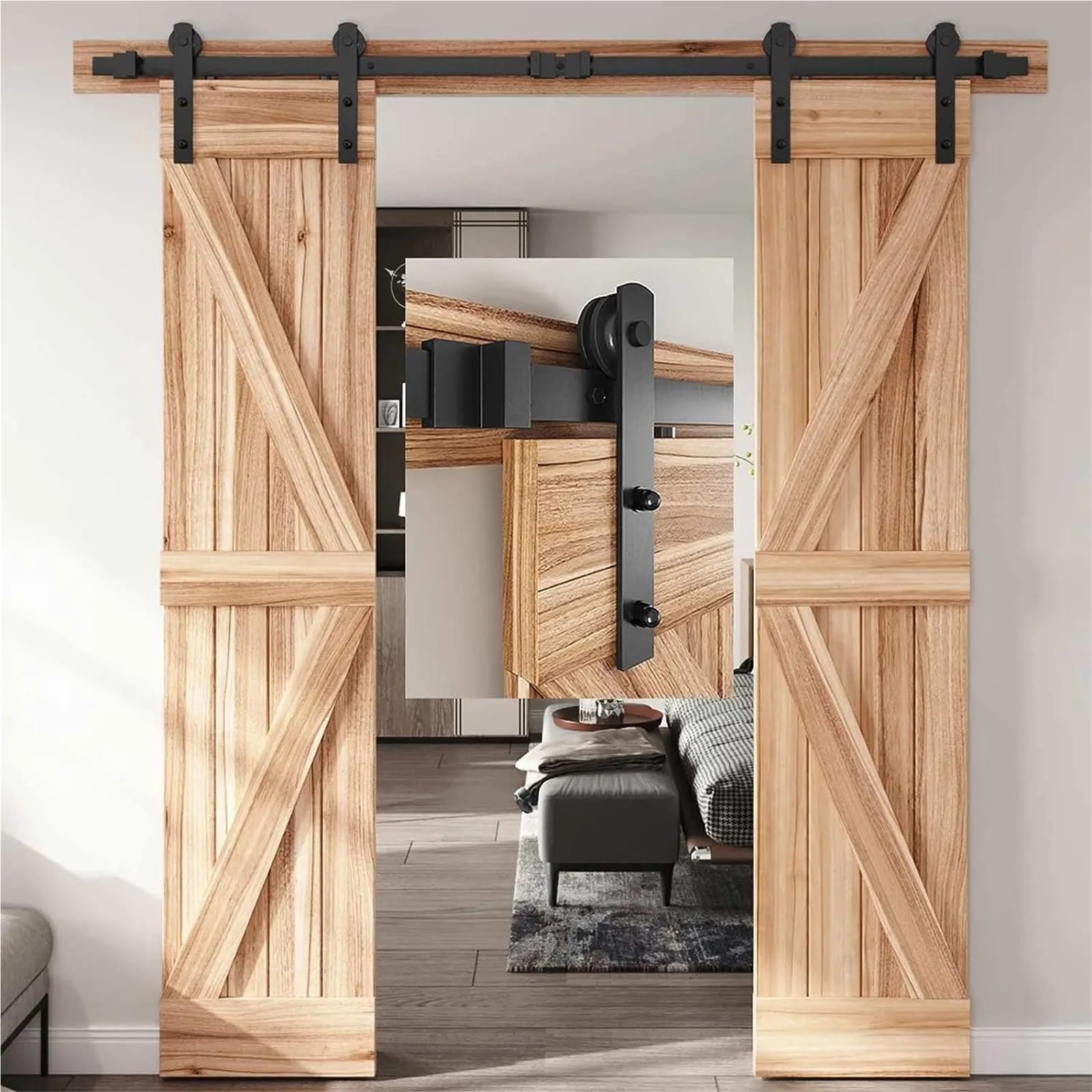 Barn Door Sliding Kit, Black Carbon Steel Sliding Barn Door Hardware 6-16FT Track Roller for Double (I-Shaped)(7.5FT 2300mm)
