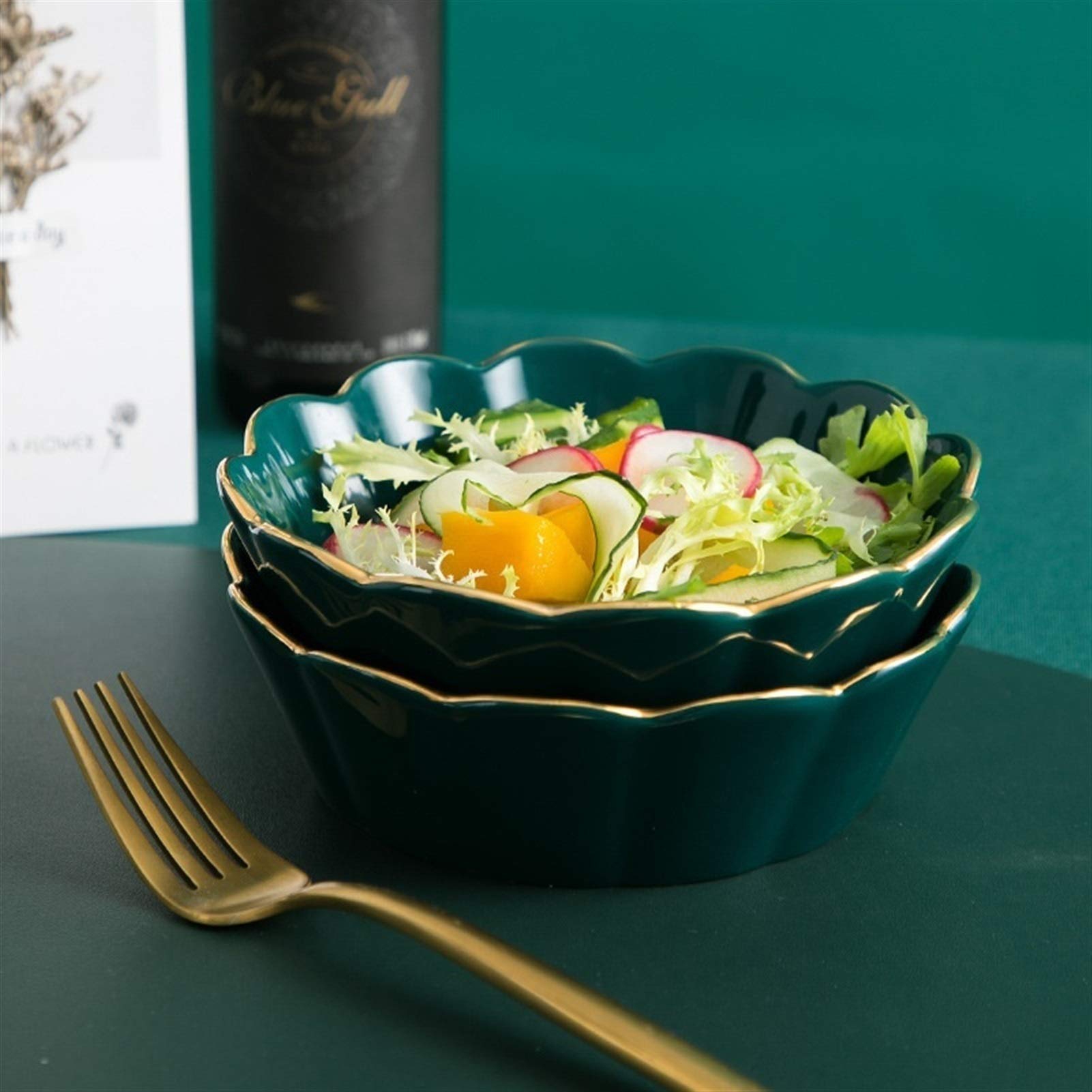 Miska na sałatkę, miska na ramen, Nordic Creative Glaze Flower Side Gold podwójna salaterka z miską na owoce i miską deserową Home Cutlery Miska na przekąski(Ink Green)